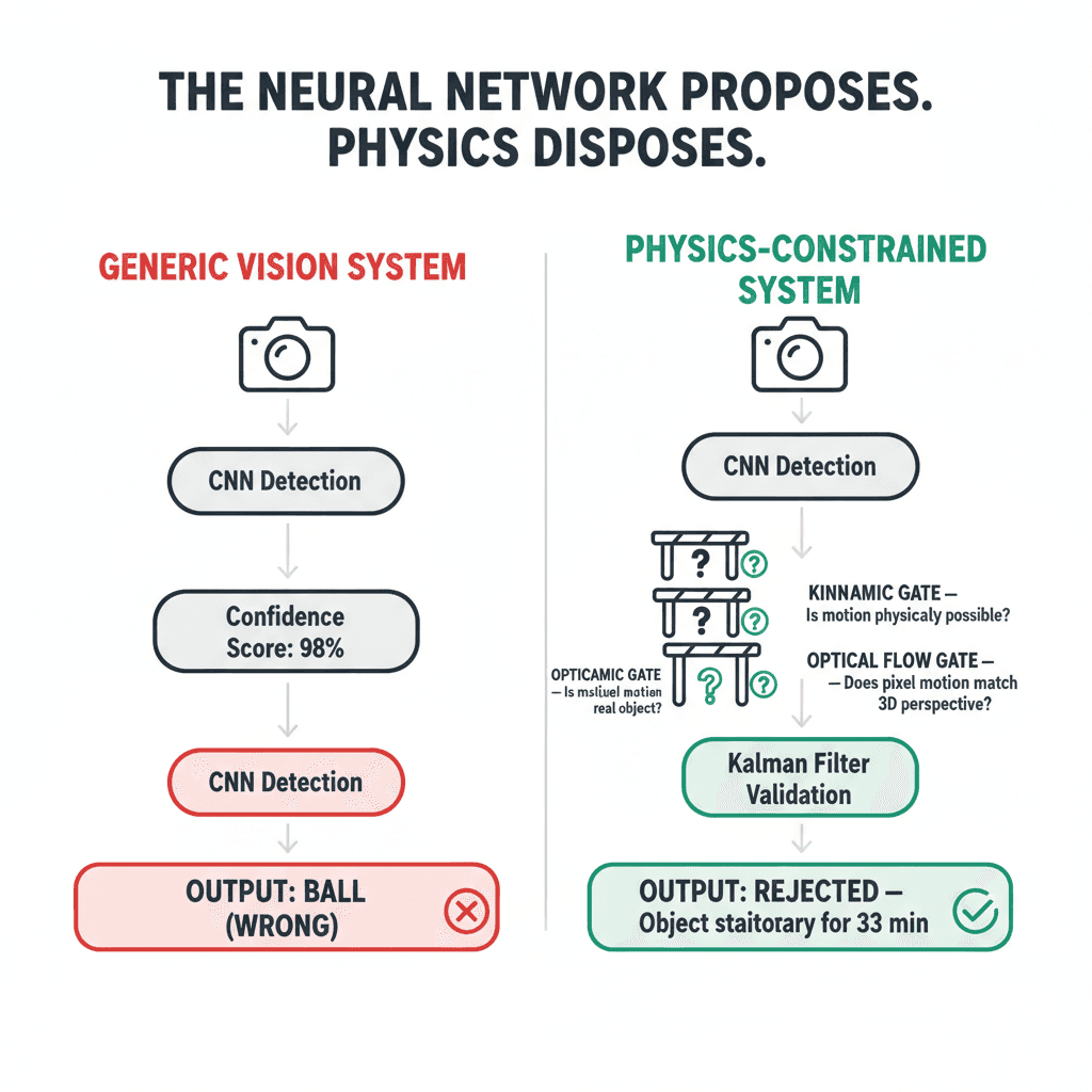 Comparison diagram showing how a standard CNN processes detections versus a physics-constrained system with Kalman Filter validation gates.