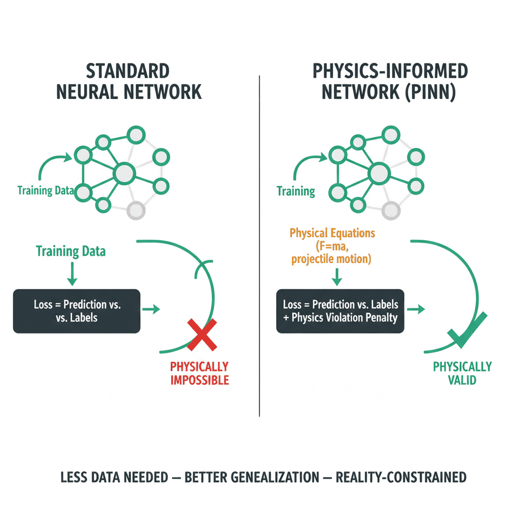 Diagram explaining Physics-Informed Neural Networks (PINNs) — showing how physical equations constrain the neural network's learning, contrasted with standard training.