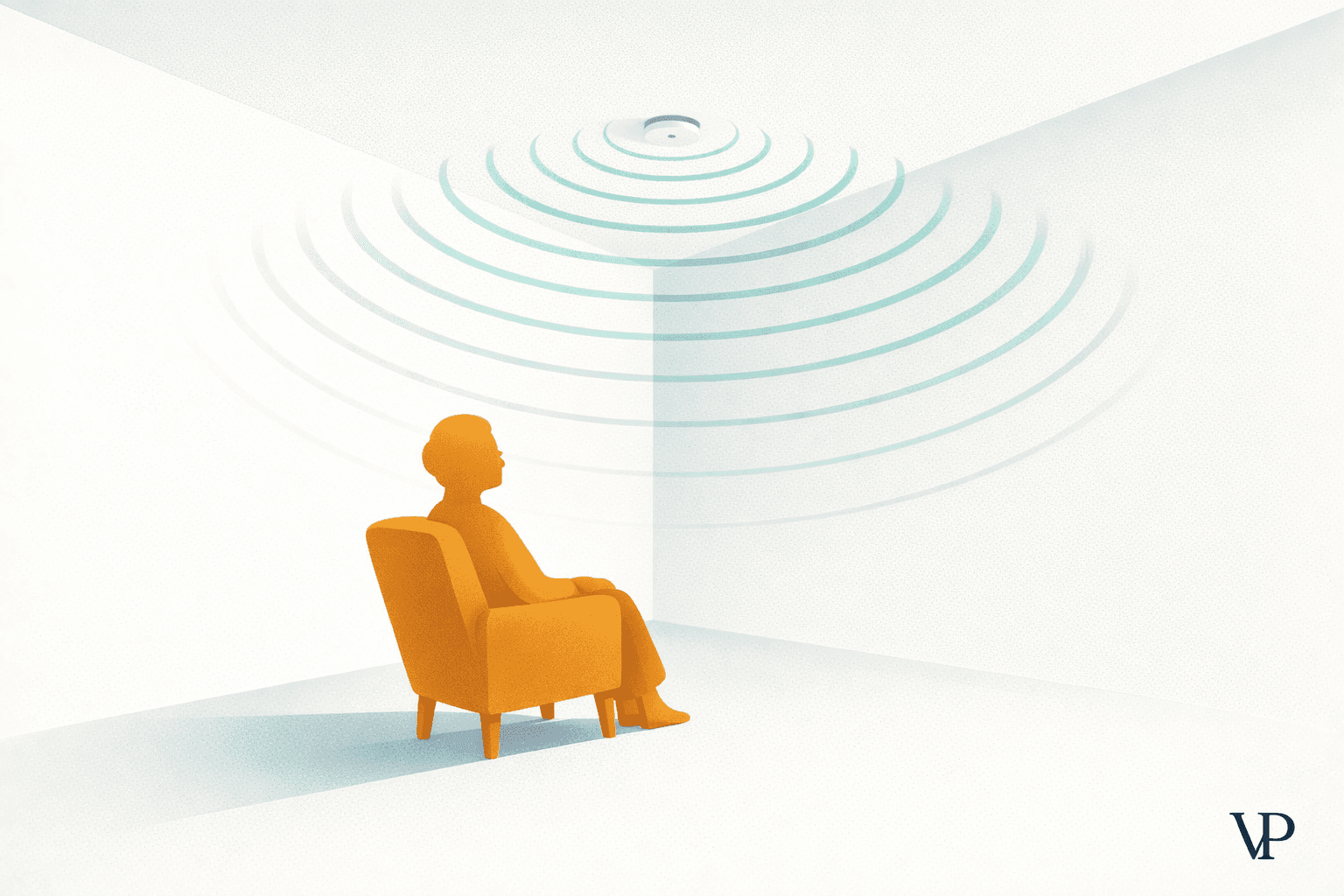 An editorial image conveying the concept of invisible radar waves protecting an elderly person's privacy — sensing without seeing.