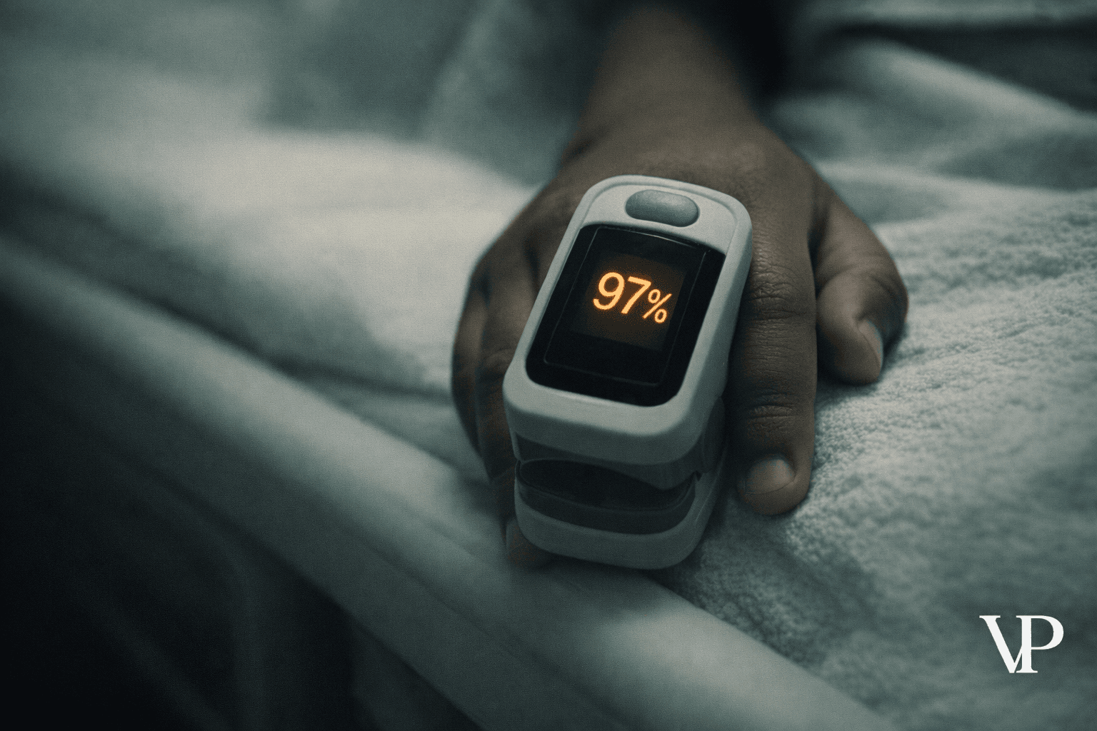 A close-up editorial image of a pulse oximeter on a child's dark-skinned finger displaying a reading, with the subtle visual tension of clinical trust vs. hidden inaccuracy — specific to the article's opening scene and central theme.