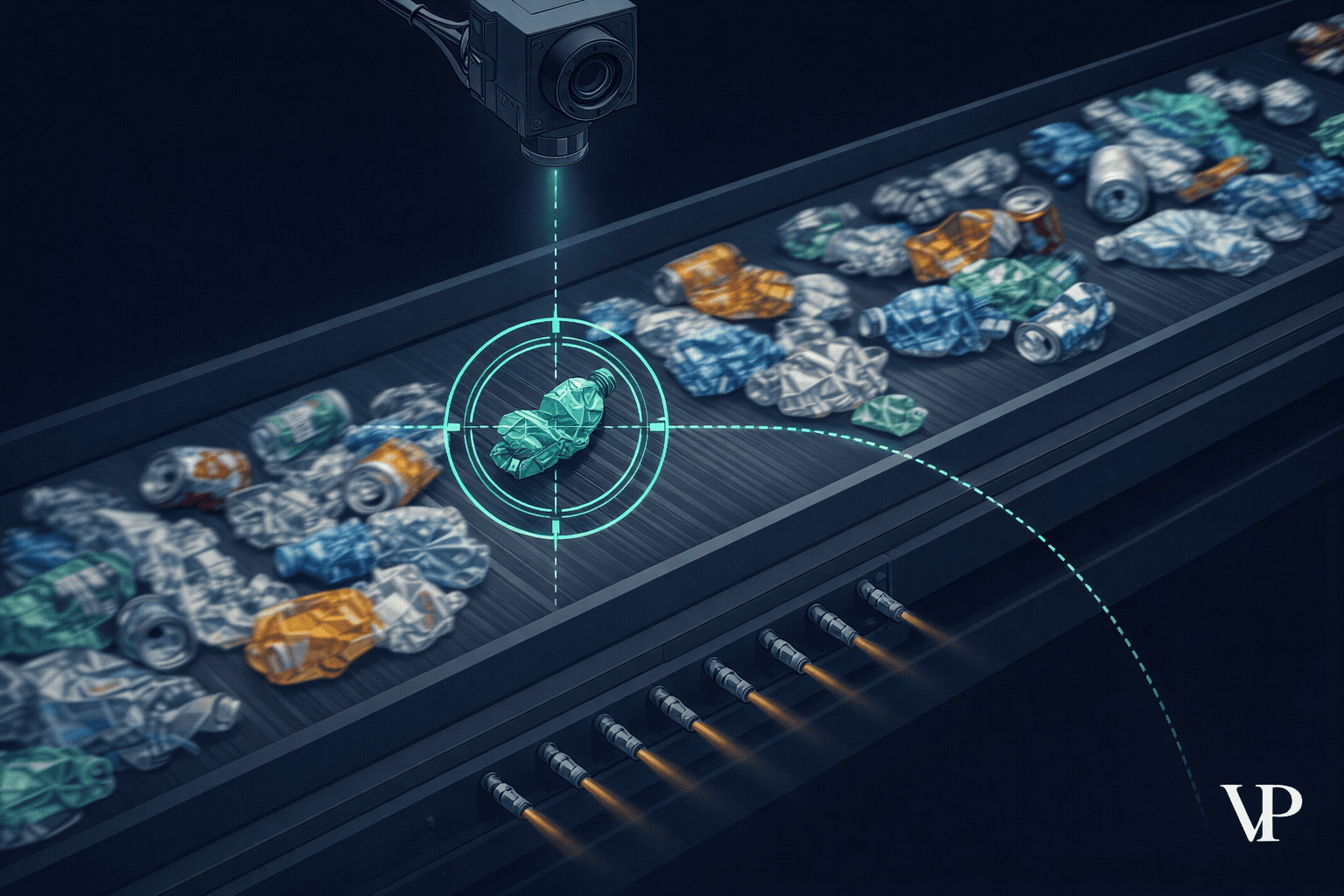 A conveyor belt scene showing the critical moment where AI speed determines whether recyclable material gets sorted or missed — specific to MRF sorting technology.