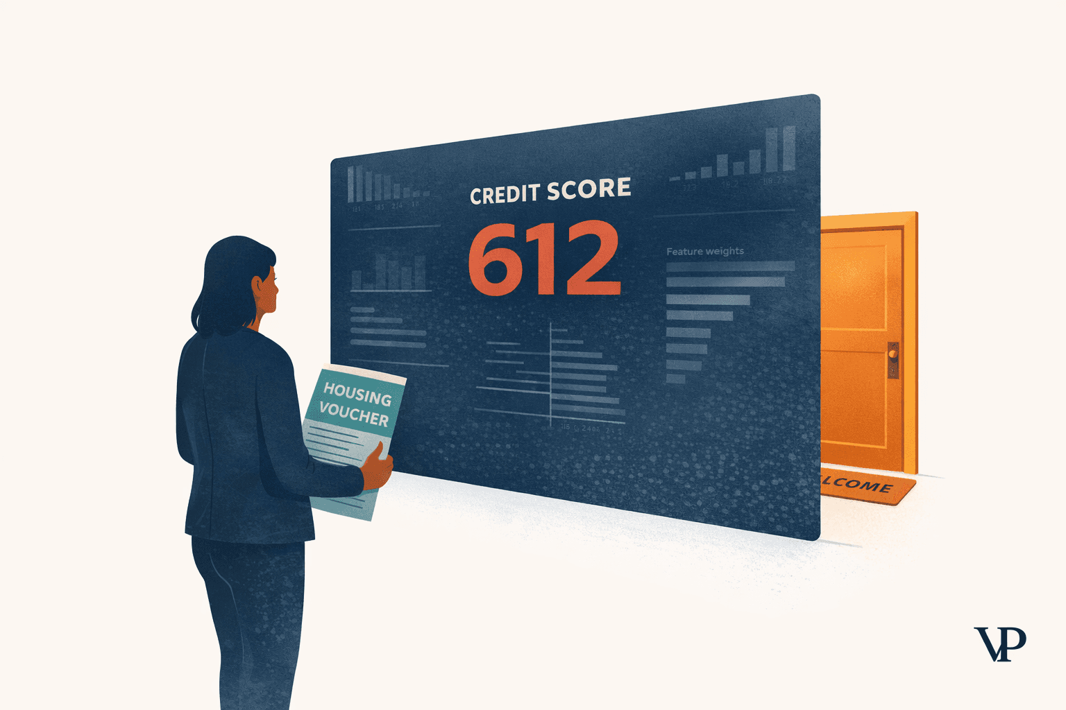 A conceptual editorial image showing an algorithmic score standing between a person and a home, representing AI-mediated housing decisions.