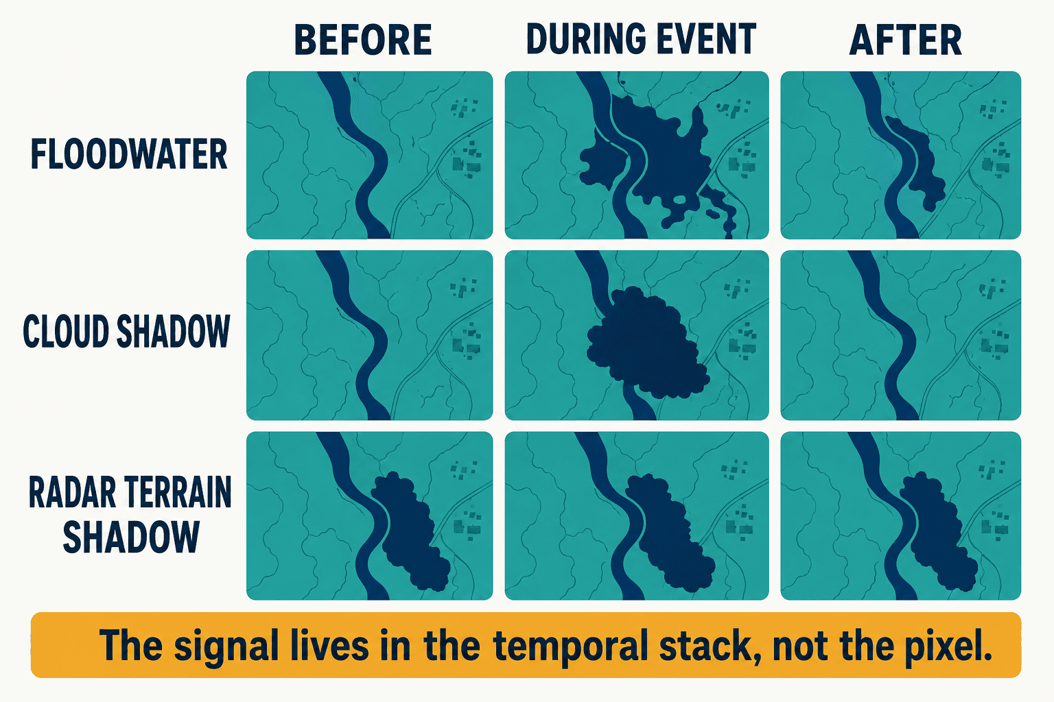 A 3x3 temporal matrix showing how floodwater, cloud shadow and radar shadow each behave across before, during and after
