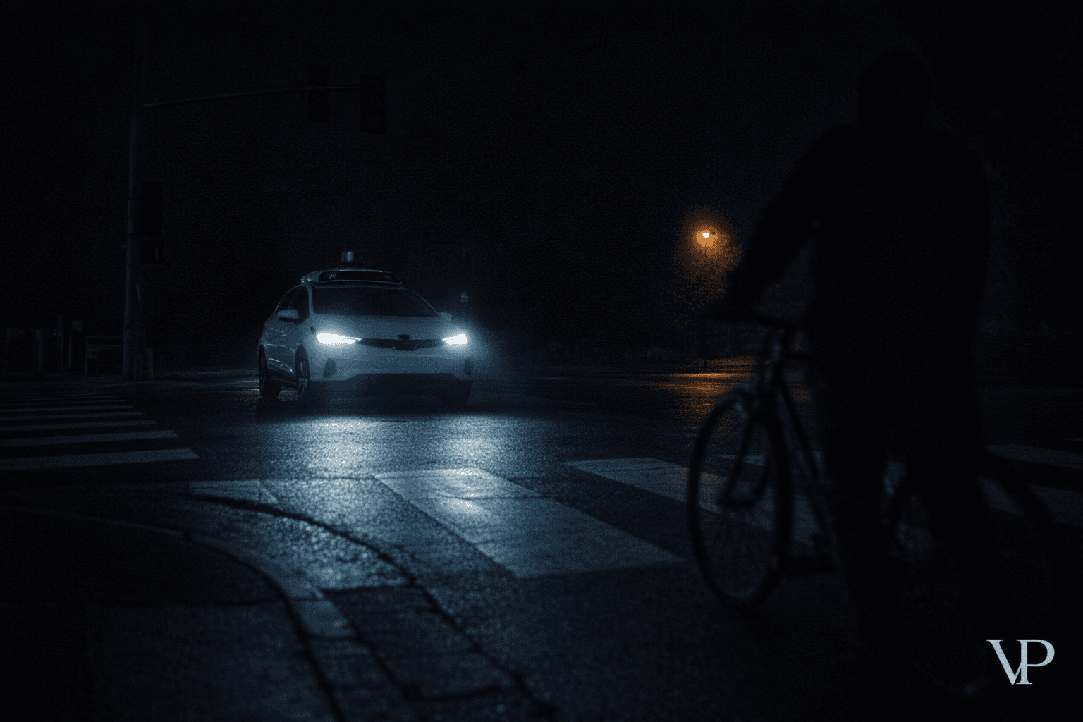 An editorial image evoking the tension between autonomous vehicle technology and real-world safety failure — a robotaxi at a dark urban intersection facing ambiguous conditions.