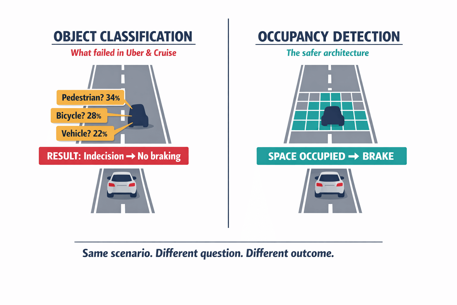A side-by-side comparison diagram showing how traditional object classification (which failed in Uber and Cruise crashes) differs from occupancy-based perception, illustrating why "is this space occupied?" is safer than "what is this object?"