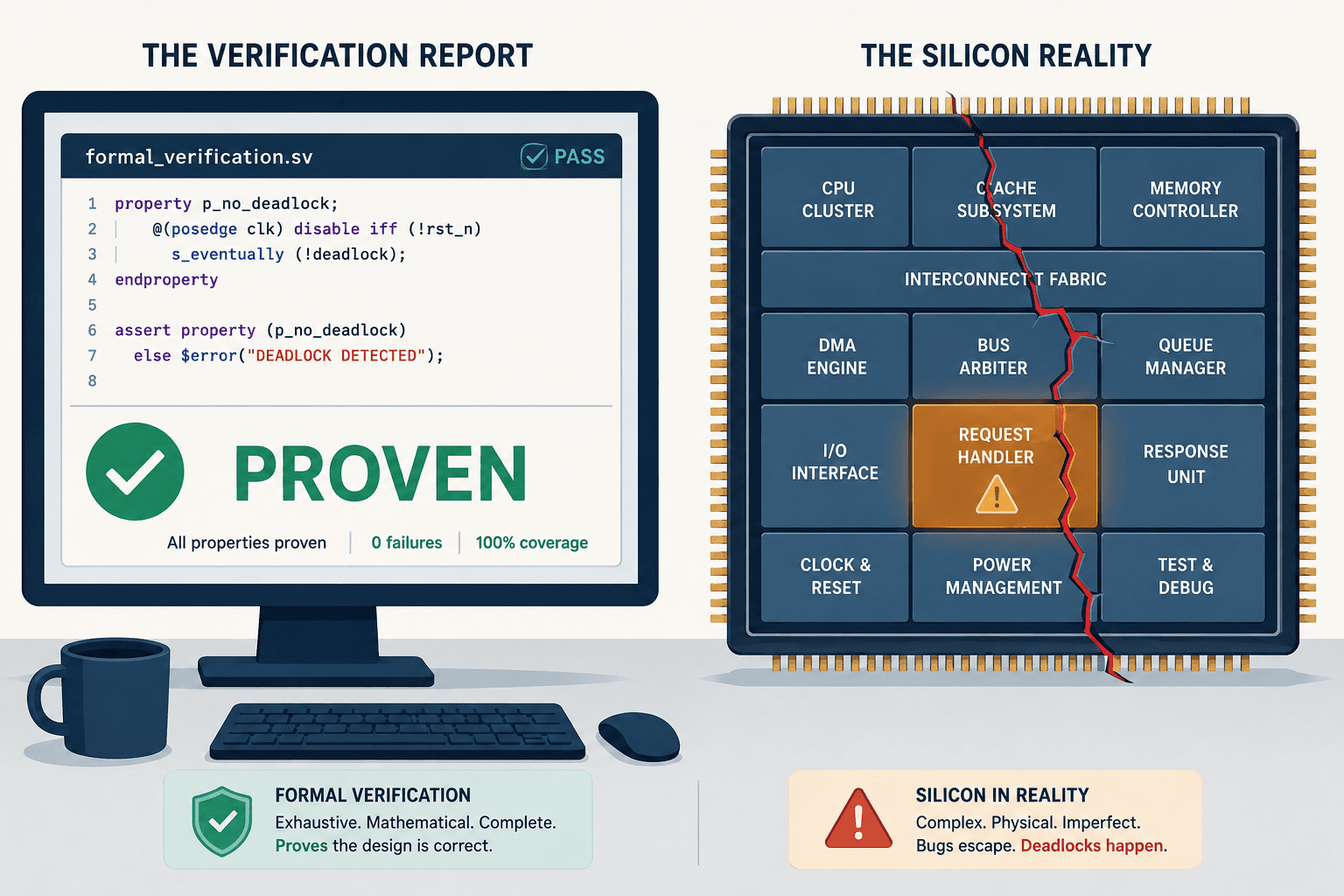 A verification report shows a green PROVEN checkmark beside a silicon chip die frozen in a red deadlock.