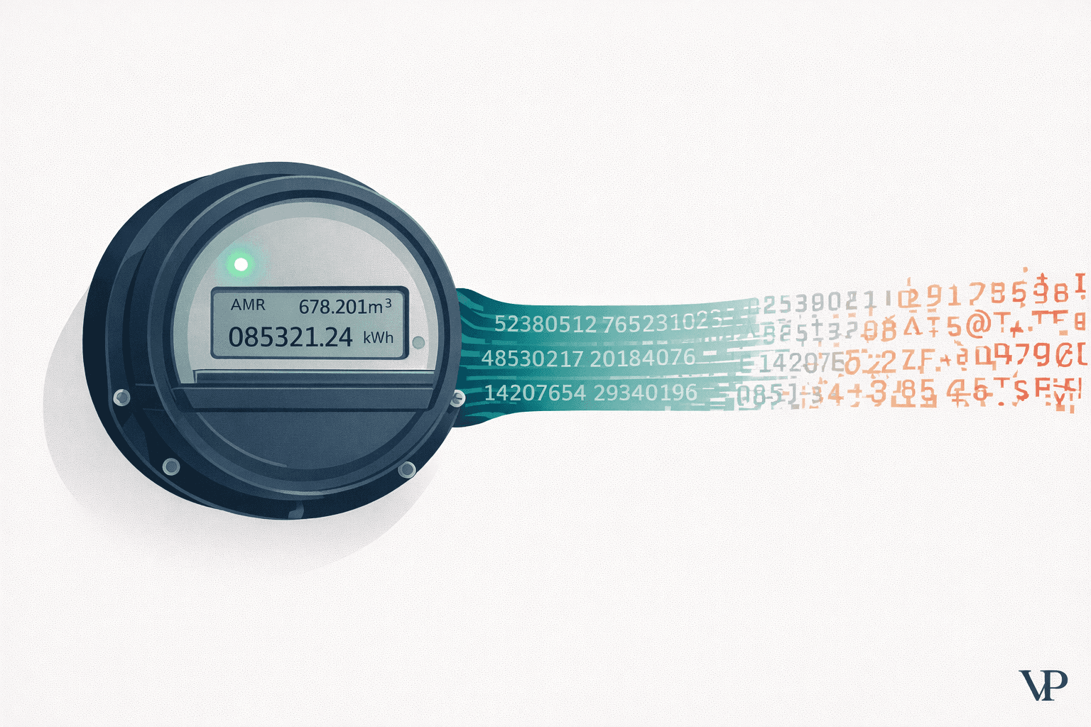 A striking visual of a smart meter displaying green status lights while silently transmitting corrupted data, capturing the article's core theme of invisible infrastructure failure.