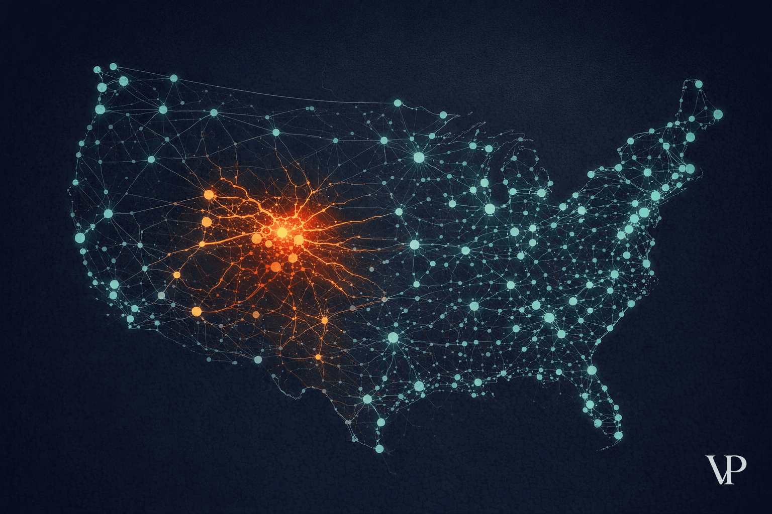 An aerial view of a disrupted airline network map showing cascading flight cancellations spreading across connected US cities, conveying the theme of network fragility in logistics.