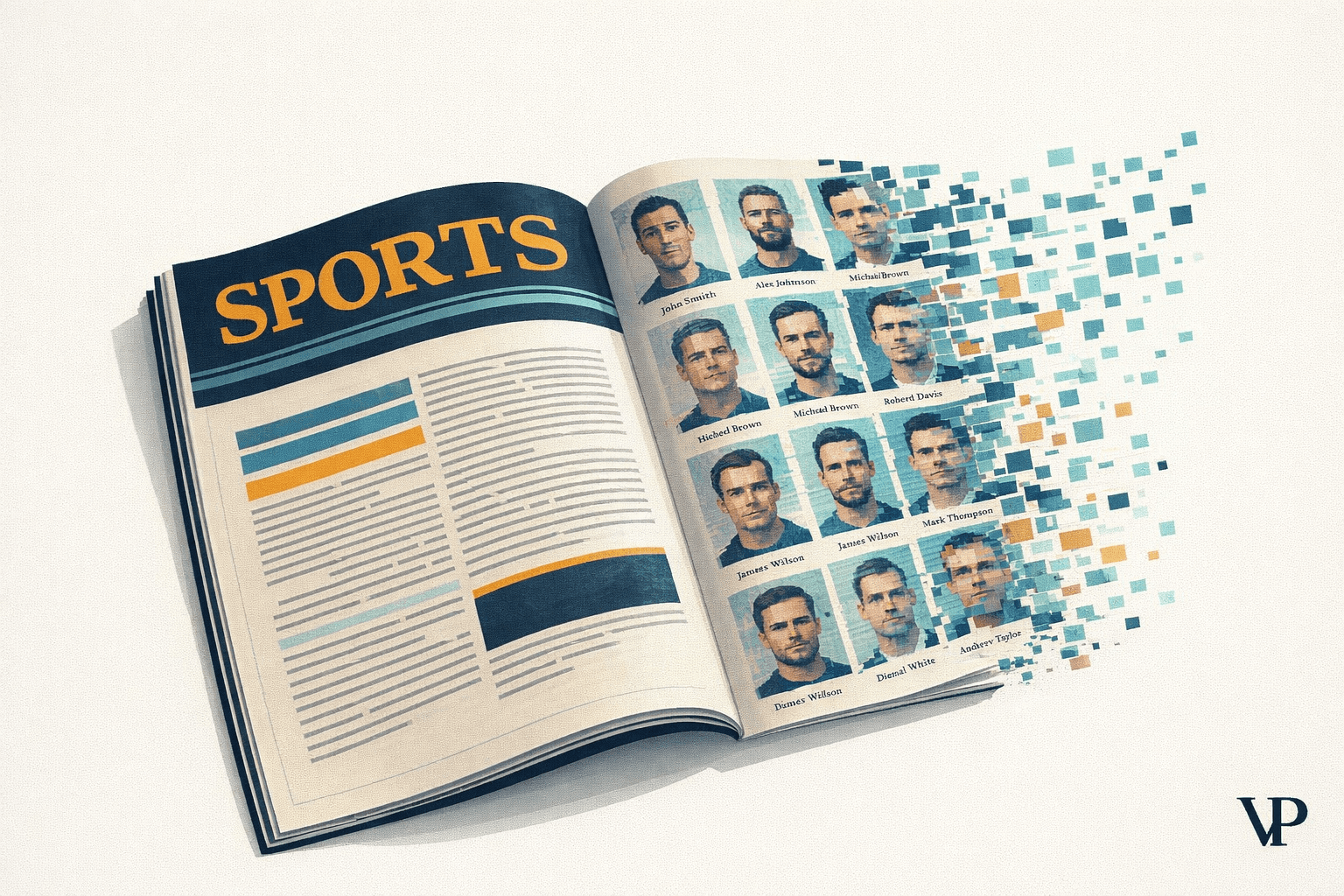 An editorial image evoking the collapse of a legacy media institution through AI-generated fake identities — a magazine cover dissolving into fabricated author profiles.