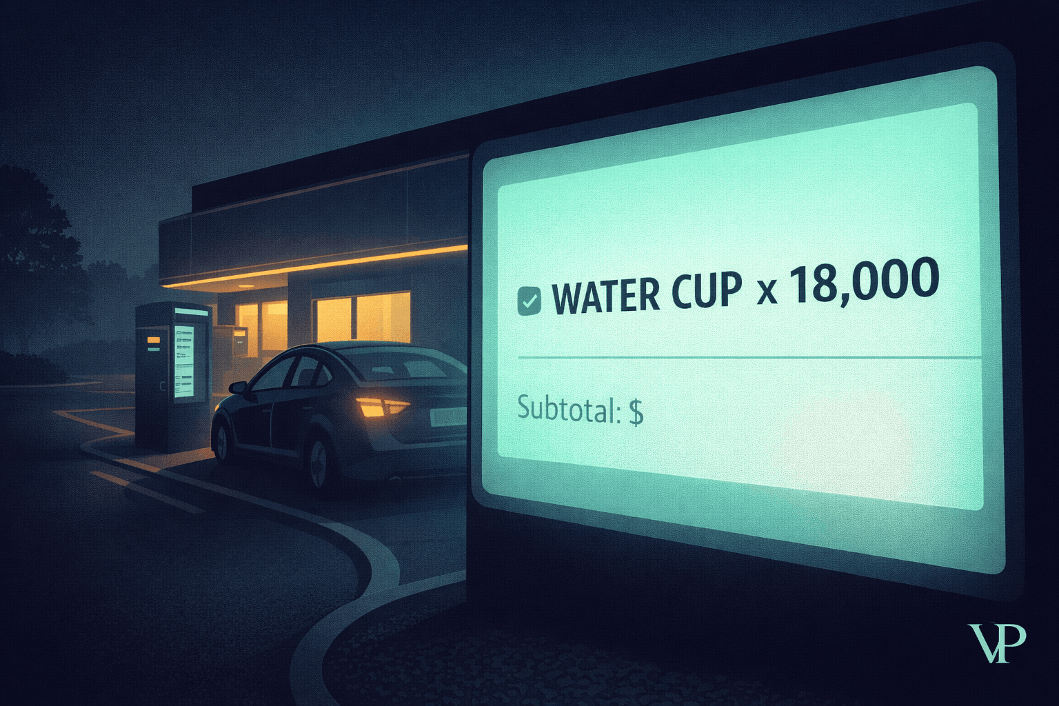A stylized drive-through scene where an AI order screen displays an absurdly long order of 18,000 water cups, contrasting the mundane fast-food setting with the scale of the failure — immediately signaling the article's domain and central tension.
