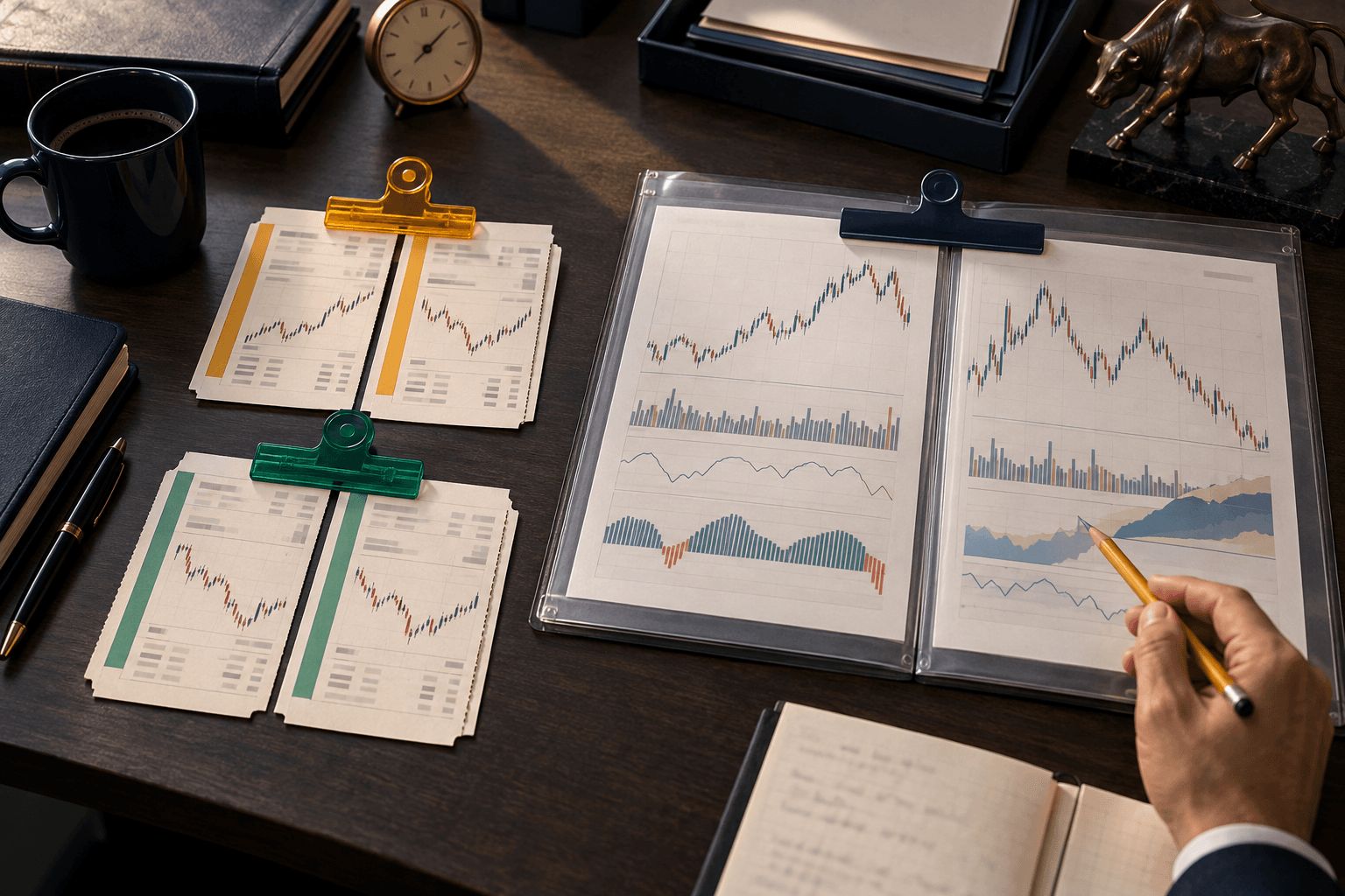 Trading charts and synthetic order sheets arranged with orange and green clips beside a policy review.