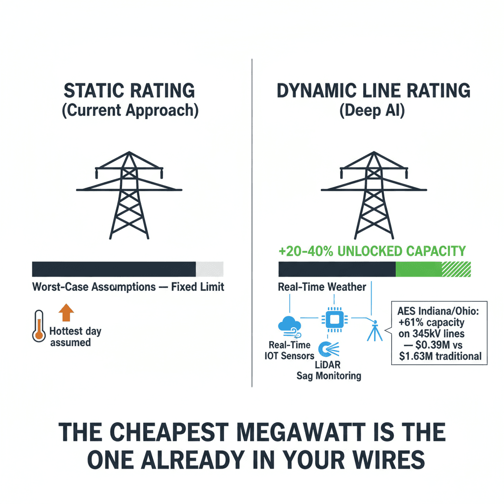 Diagram explaining Dynamic Line Rating — showing how real-time weather and sensor data unlock hidden transmission capacity compared to static ratings.