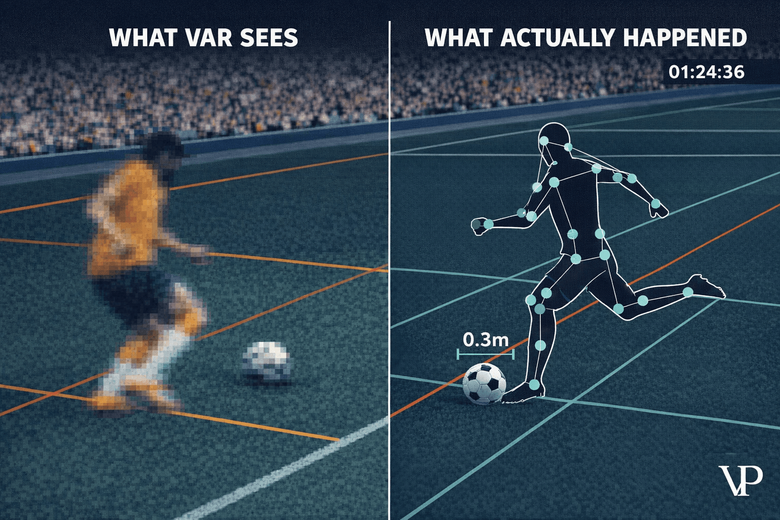 A striking visual showing the contrast between a blurry pixel-level freeze frame and a precise physics-based measurement system, specific to football officiating technology.