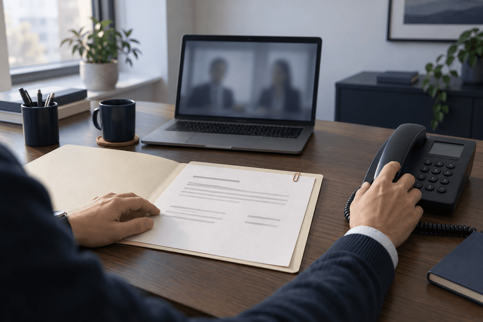 Treasury desk with pending payment paperwork, a blurred video call and a separate callback telephone