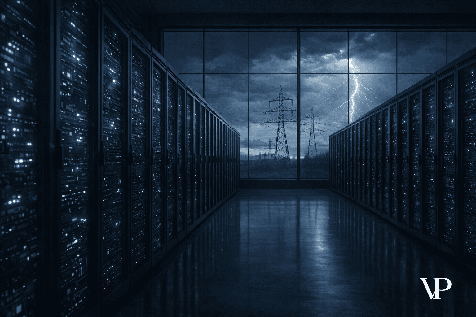 A dramatic but specific editorial image showing the collision between data center infrastructure and electrical grid systems — the core tension of the article.