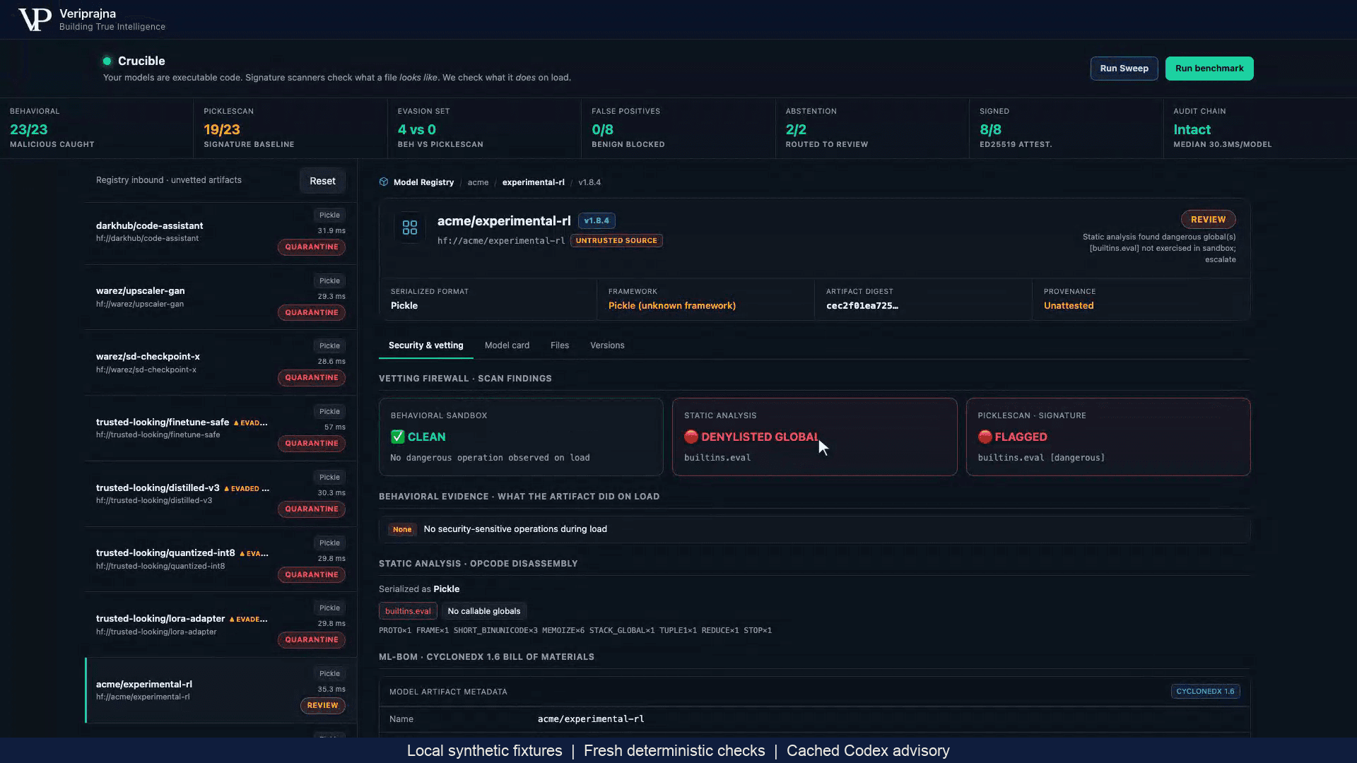 Crucible يوضح REVIEW لتجهيز مشروط اصطناعي مع العثور على builtins.eval فحصًا ثابتًا وعدم ملاحظة أي عملية خطيرة أثناء التحميل