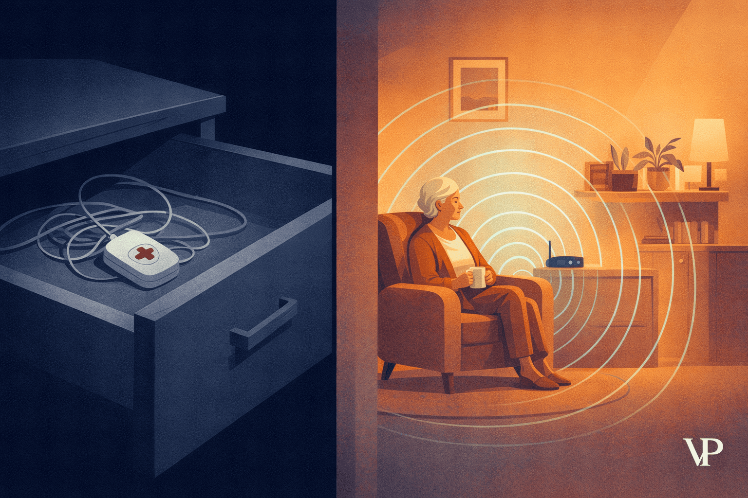 An elderly person's living room with Wi-Fi signal waves subtly radiating through the space, contrasted with an abandoned wearable pendant in a drawer — conveying the article's core premise of ambient sensing replacing wearable devices.