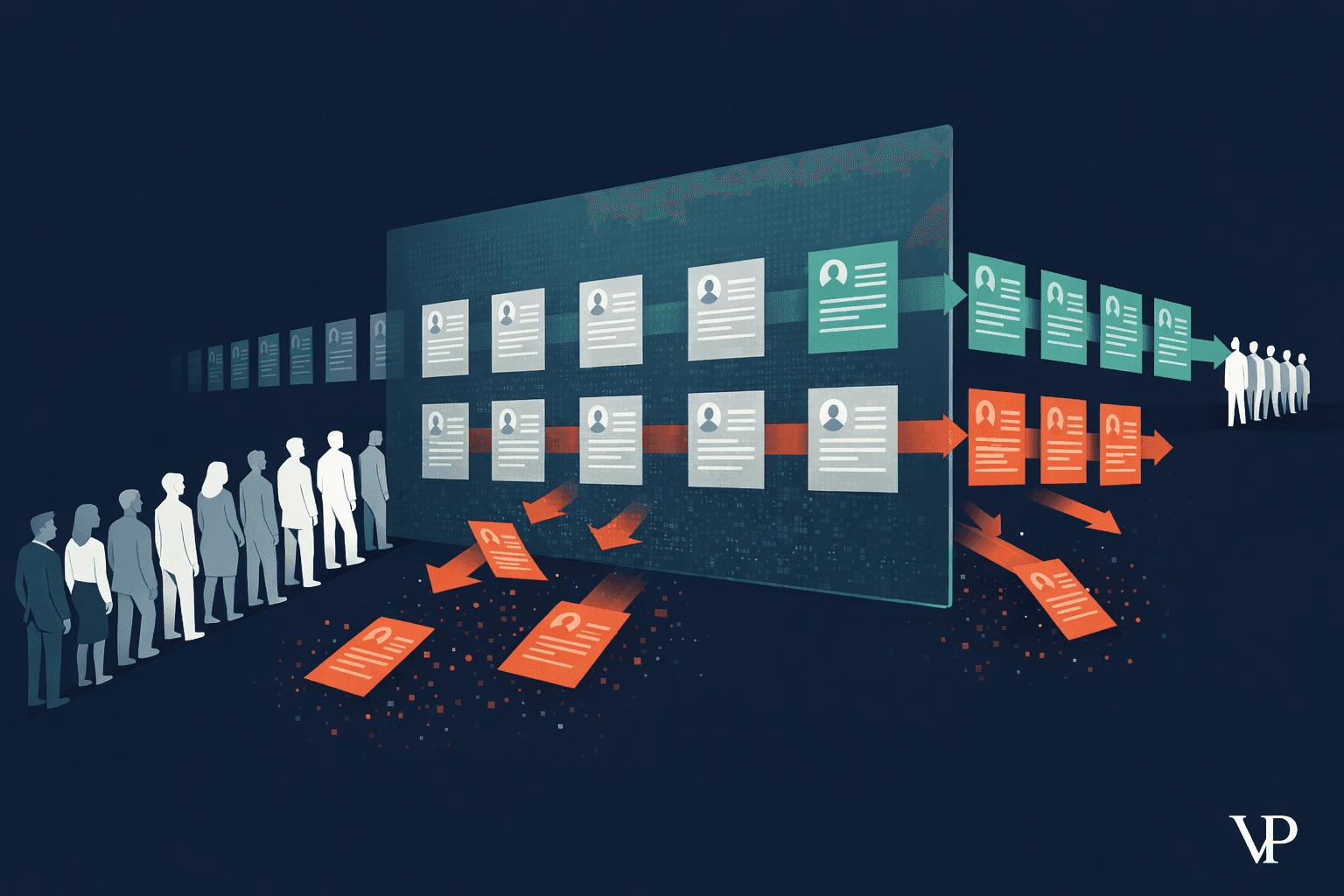 A striking editorial image conveying the concept of algorithmic gatekeeping in hiring — a digital screening wall standing between job applicants and opportunities.