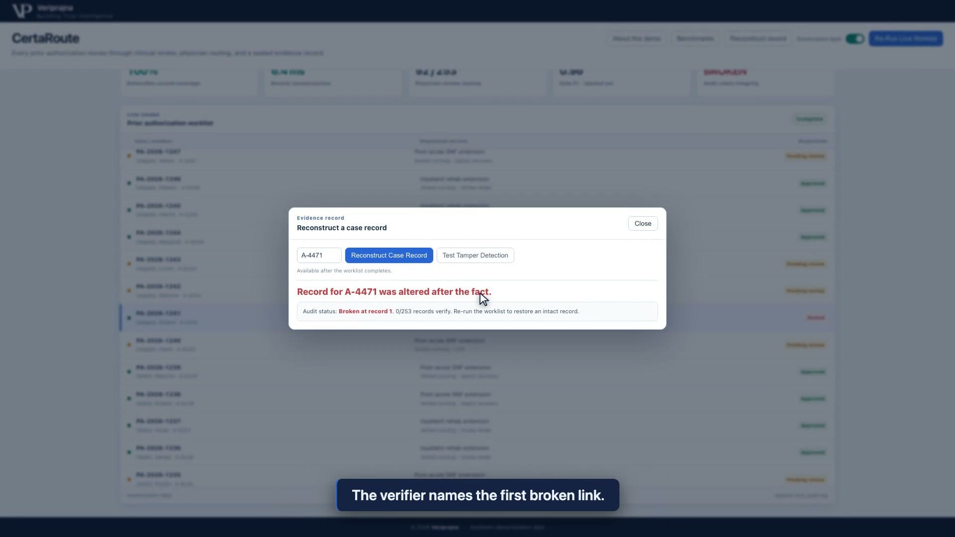 The demo tamper test alters a stored local record, and the verifier reports a broken hash chain.