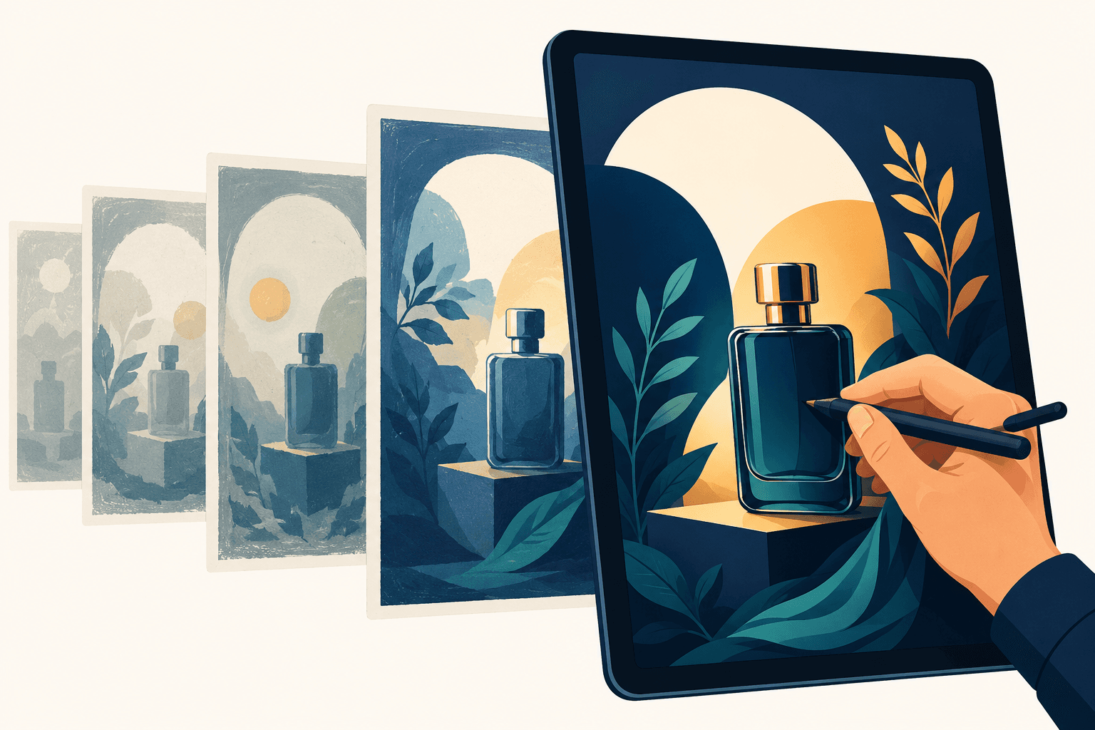 A premium brand ad being hand-finished while rough AI-generated variants recede behind it.