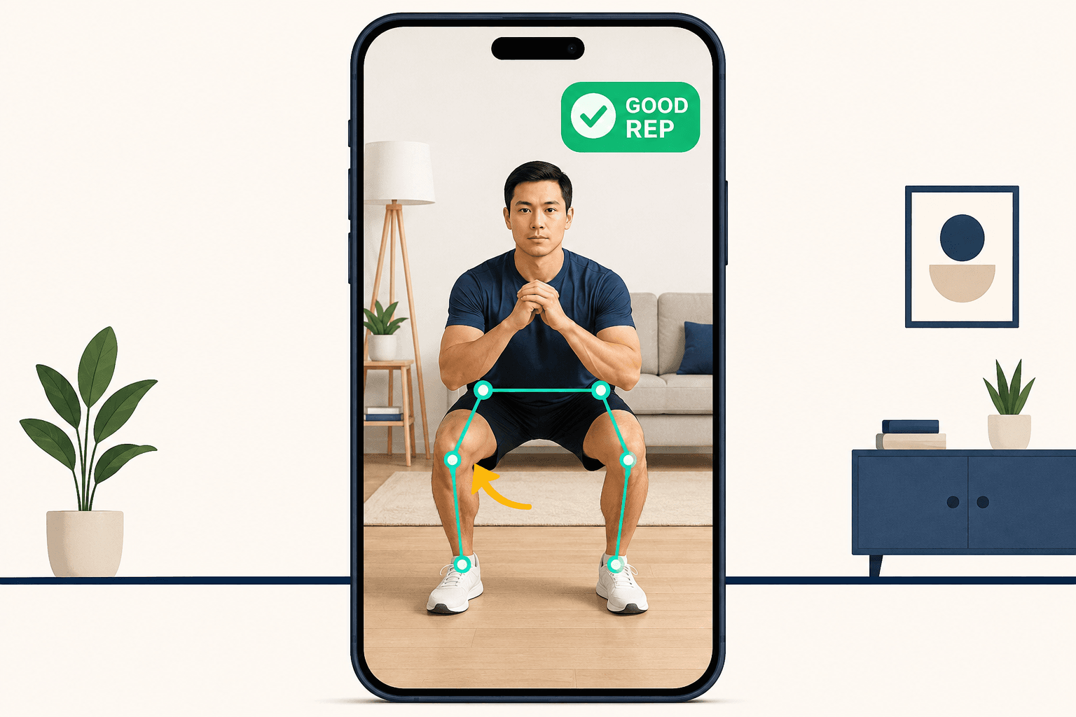 Phone showing a person mid-squat with a teal skeleton overlay, left knee drifting inward, a green 'GOOD REP' badge in the corner