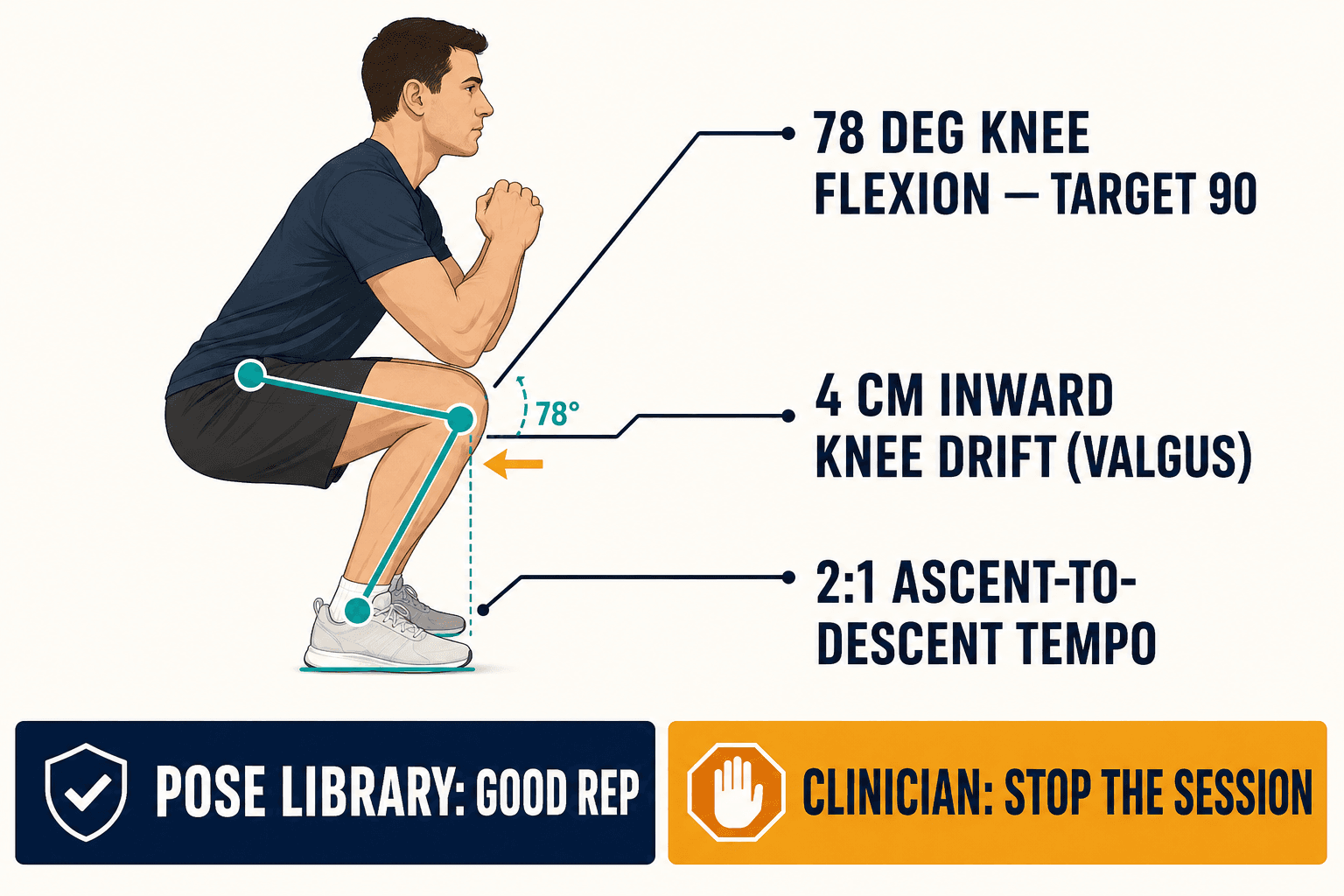 Annotated squat figure showing 78-degree flexion vs 90 target, 4cm inward knee drift, and 2:1 tempo, with a pose-library-vs-clinician verdict banner