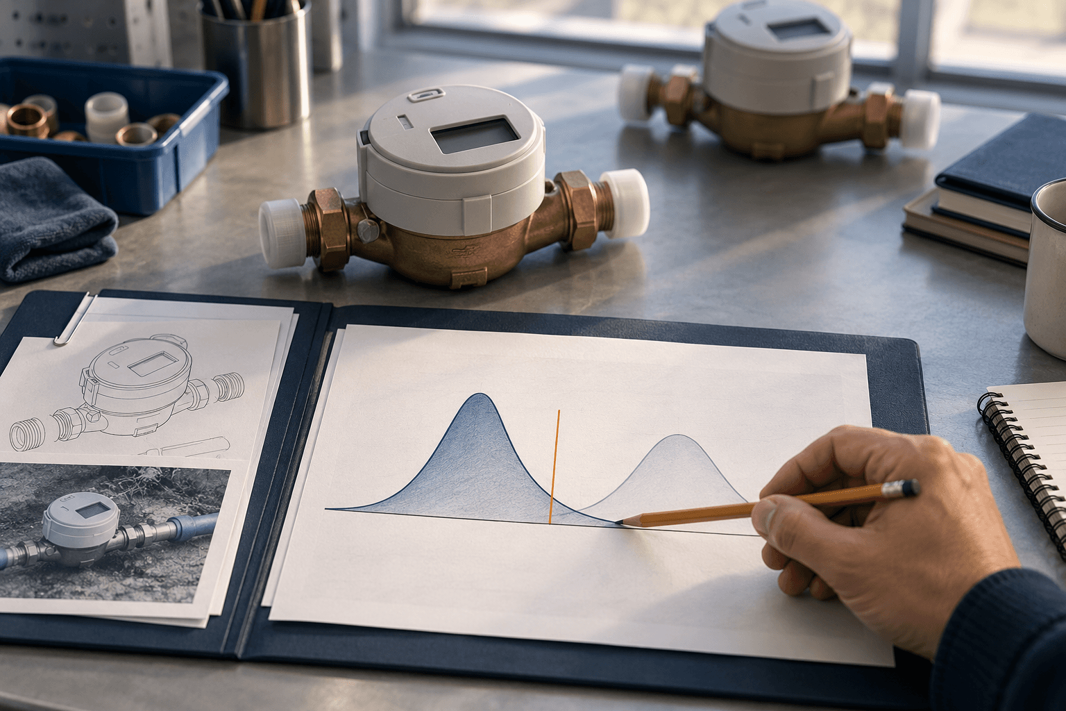 Two disconnected water meters on an engineering bench beside a paper sketch comparing modeled risk with a fixed acceptance boundary.