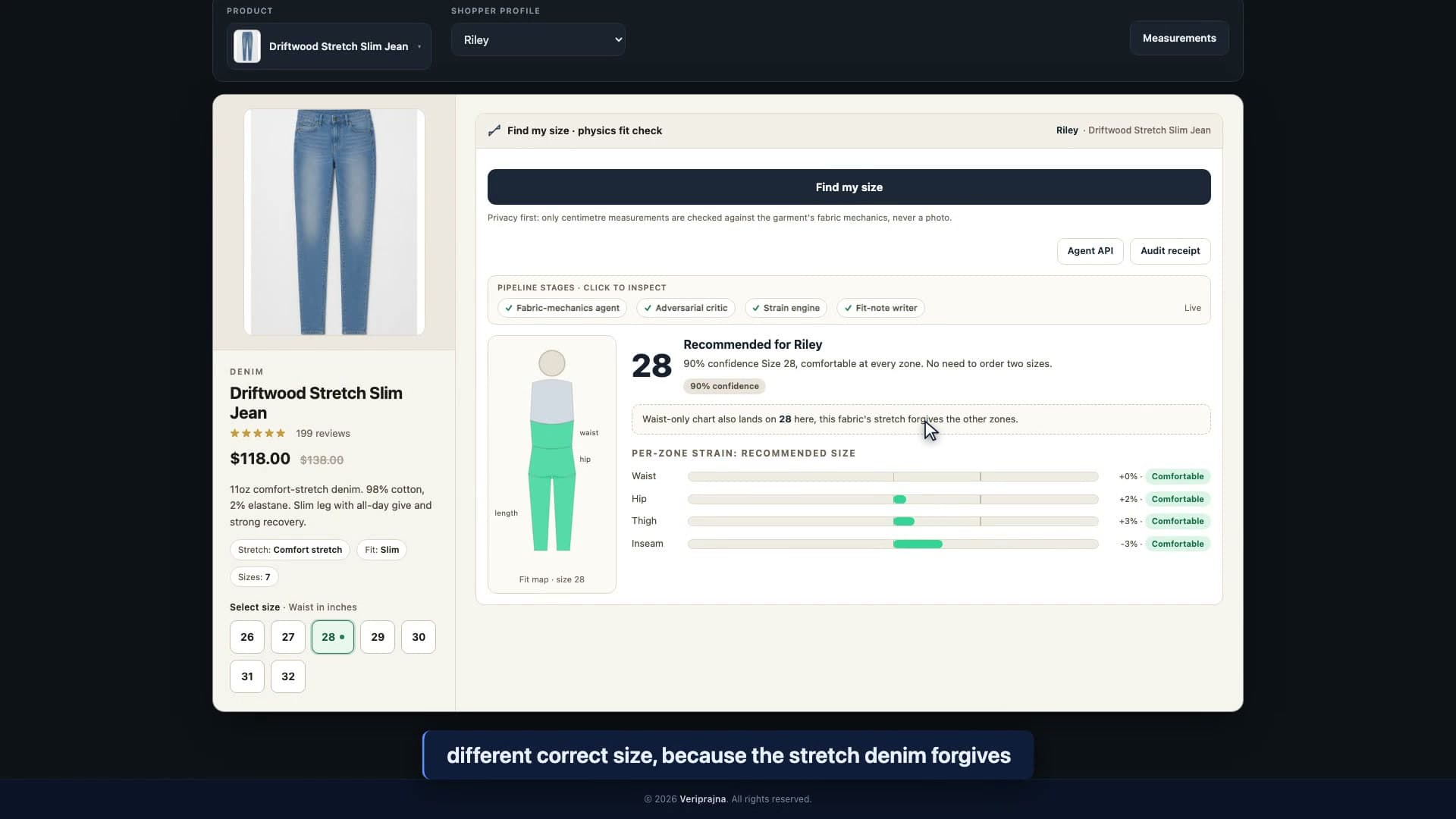 Contour recommending Size 28 for the same shopper Riley on the Driftwood stretch slim jean, noting that here the waist-only chart also lands on 28 because the stretch forgives the other zones