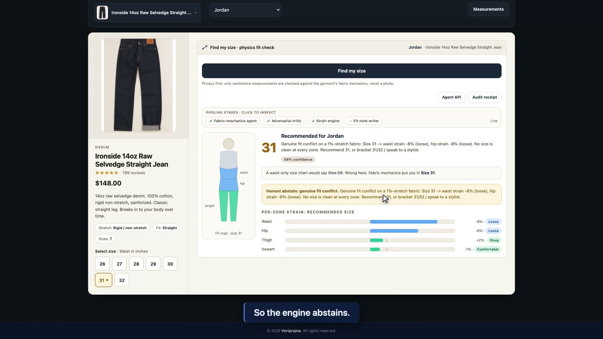 Contour abstaining on Jordan on the Ironside jean, showing a genuine fit conflict, recommending Size 31 as the least-bad at 58% confidence with the waist and hip loose and the advice to bracket or speak to a stylist