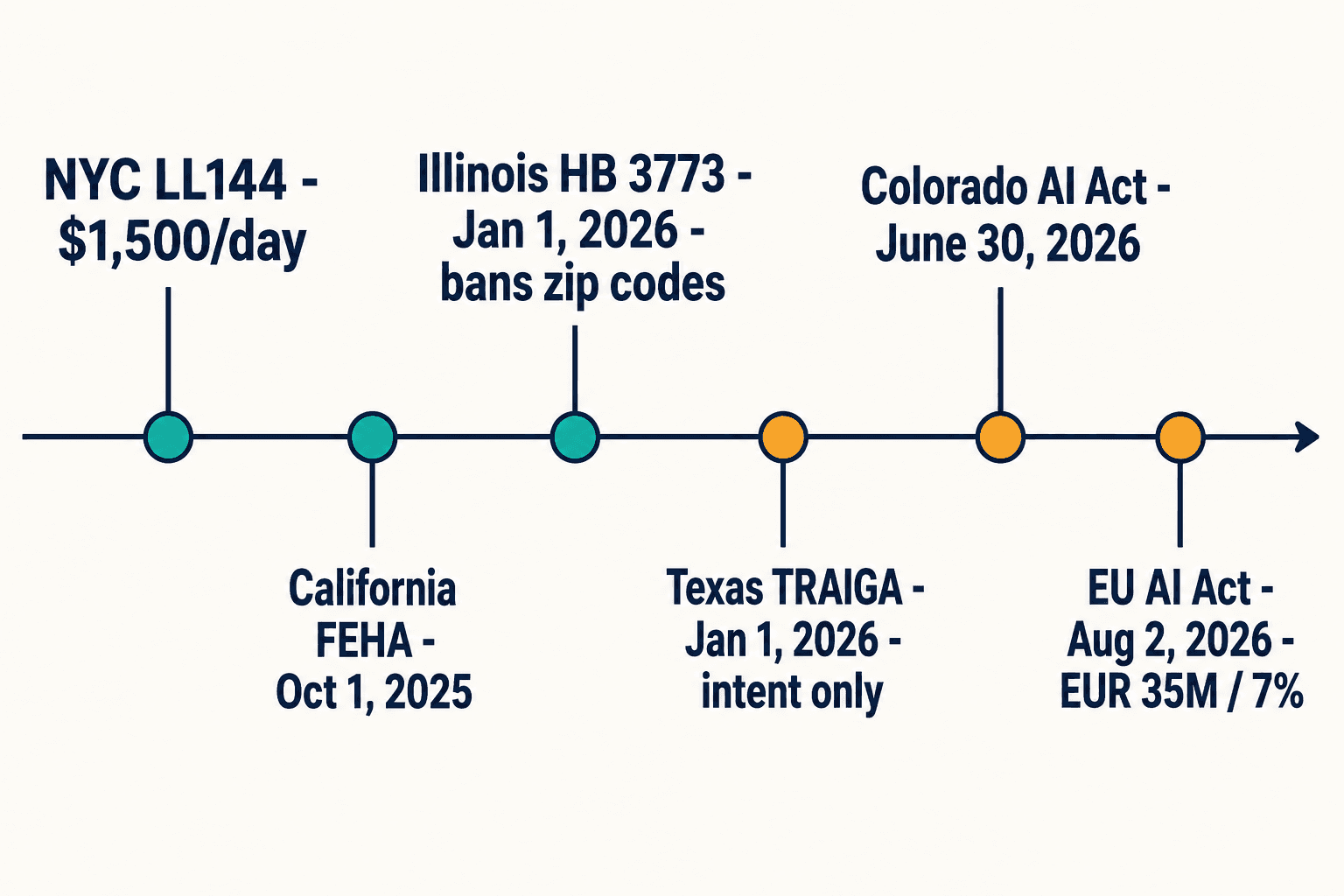 Timeline of six AI hiring regimes with go-live dates: FEHA, Illinois, Texas, Colorado, EU AI Act, and LL144.