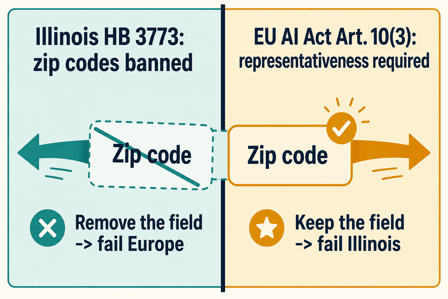 Split panel showing the zip-code field banned by Illinois HB 3773 but required by EU AI Act Article 10(3).