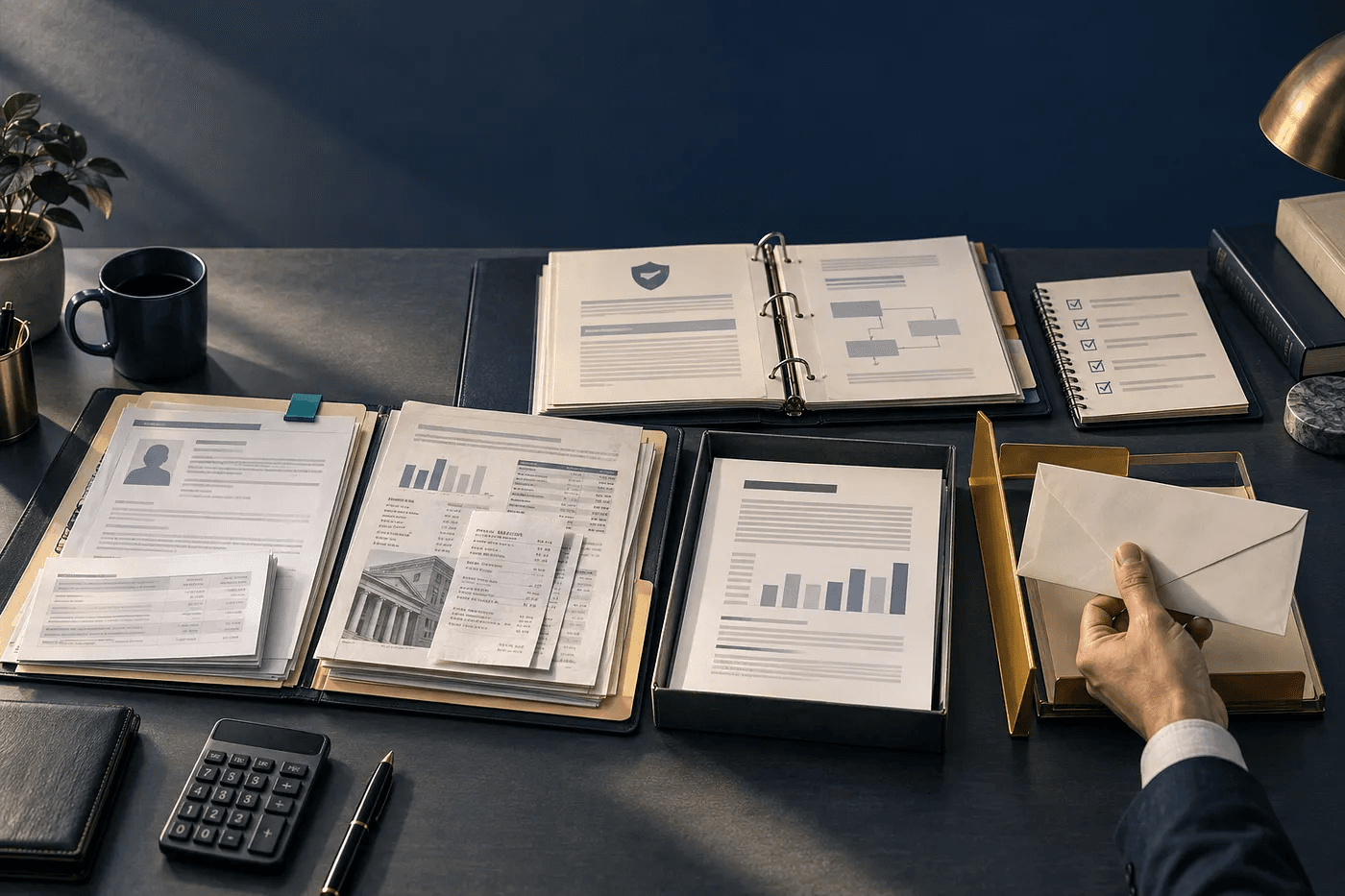 Conceptual lending review desk with loan records, a recommendation tray, an open policy binder and a hand holding a decision envelope.
