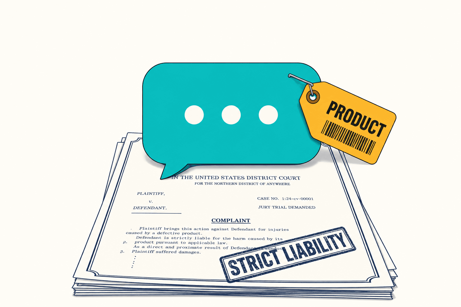 AI chat bubble tagged as a "product" resting on legal documents stamped strict liability.