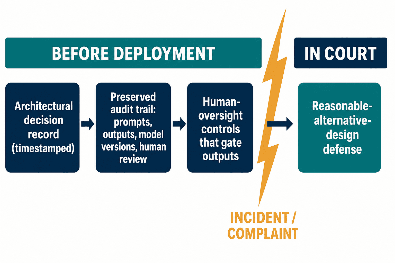 Timeline: pre-deployment records and audit trail become the reasonable-alternative-design defense in court.