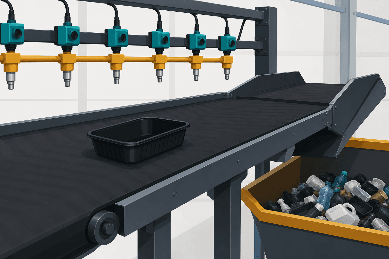 A black plastic tray rides a dark conveyor past silent sorter ejectors at a recycling-plant residue line.
