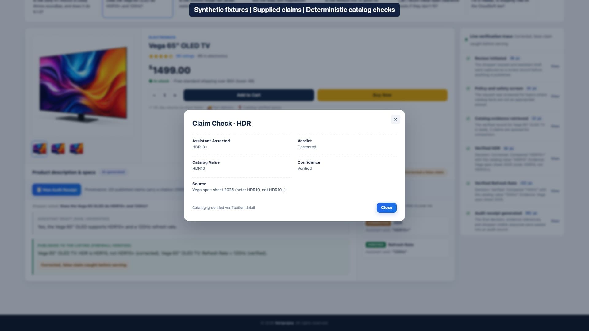 Vouchmark claim-check dialog showing HDR10+ asserted, HDR10 in the catalog, and a Corrected verdict