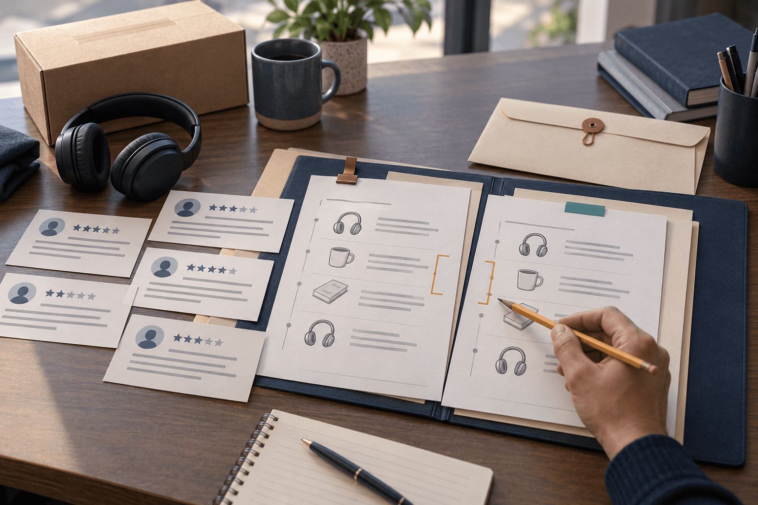 Review cards beside an open account-history folder, with matching product histories marked for investigation and a sealed envelope left unresolved