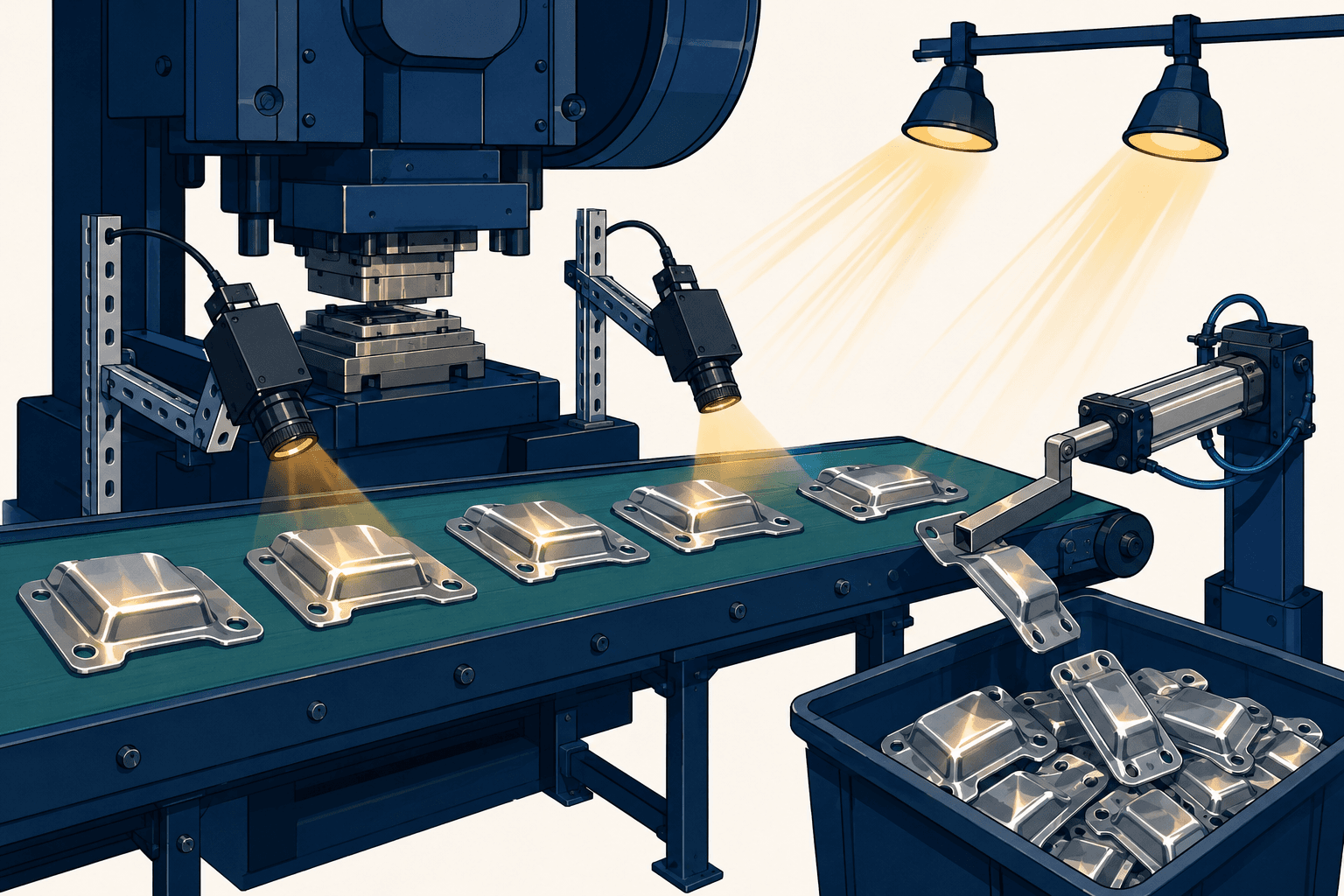 A stamping press line where an inspection camera kicks good parts into a reject bin under uneven bay lighting