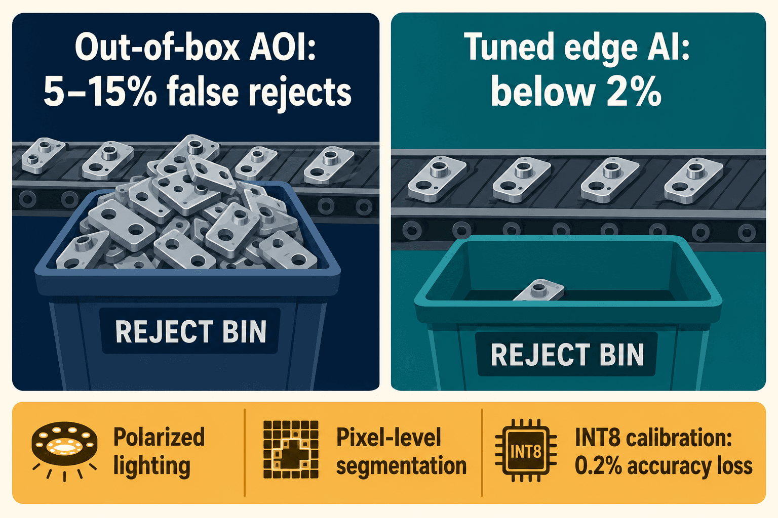 Comparison of out-of-box AOI 5-15% false rejects vs tuned edge AI below 2%, with three tuning levers