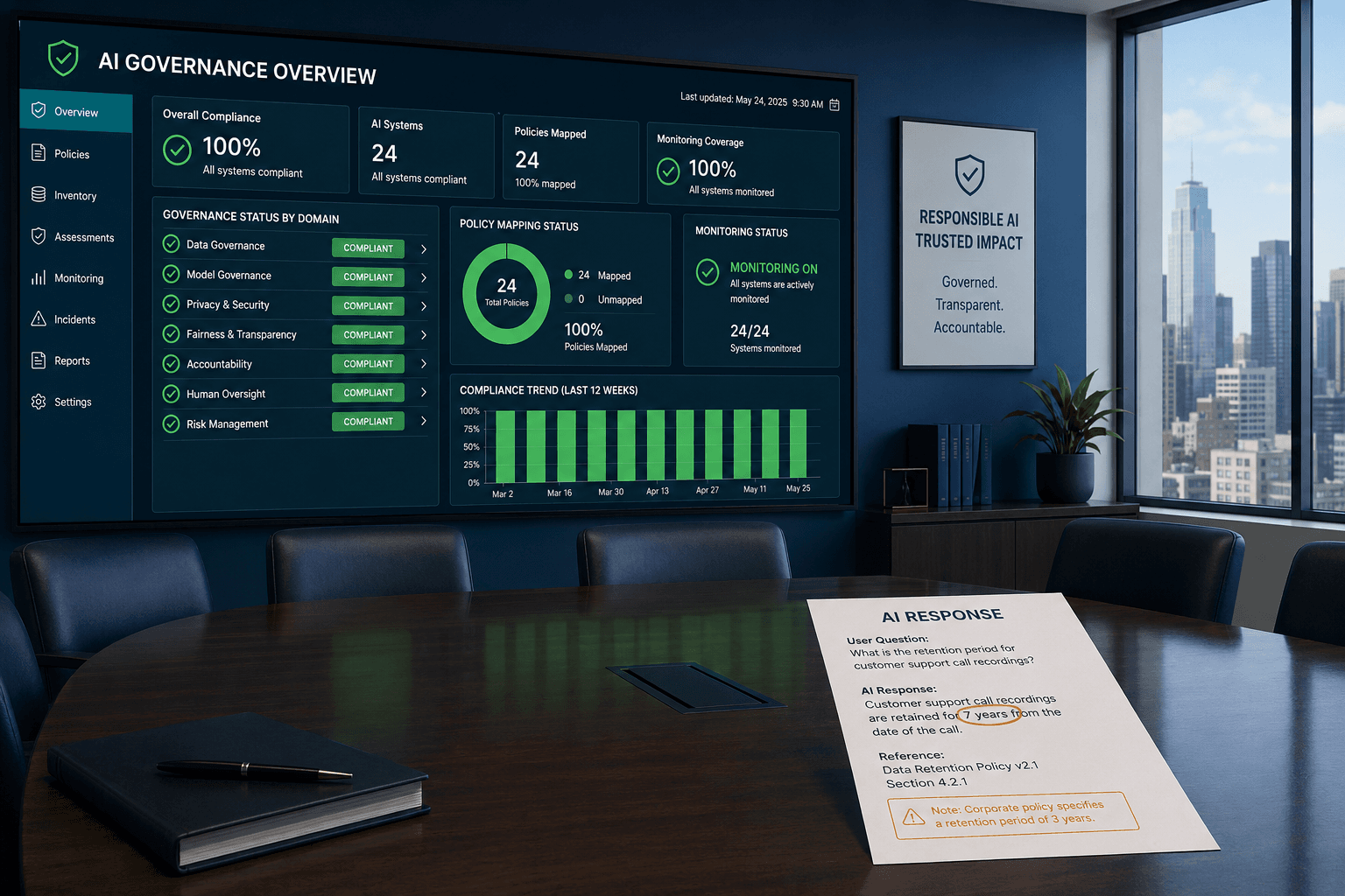 An all-green AI governance dashboard on a boardroom monitor beside a printed AI answer with one line flagged as wrong.