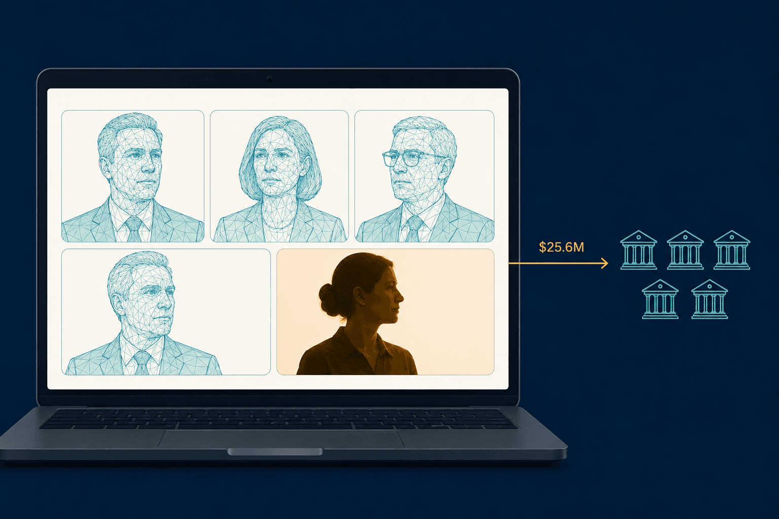 Video-call grid with four synthetic wireframe execs and one real person, money flowing out.