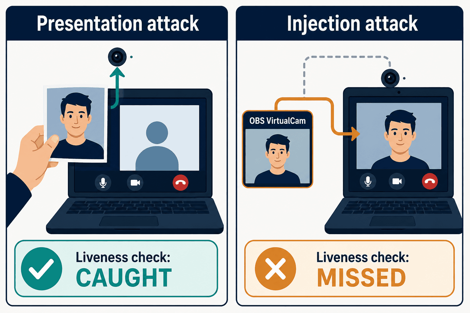 Two panels: a presentation attack caught by the camera vs an injection attack bypassing it.