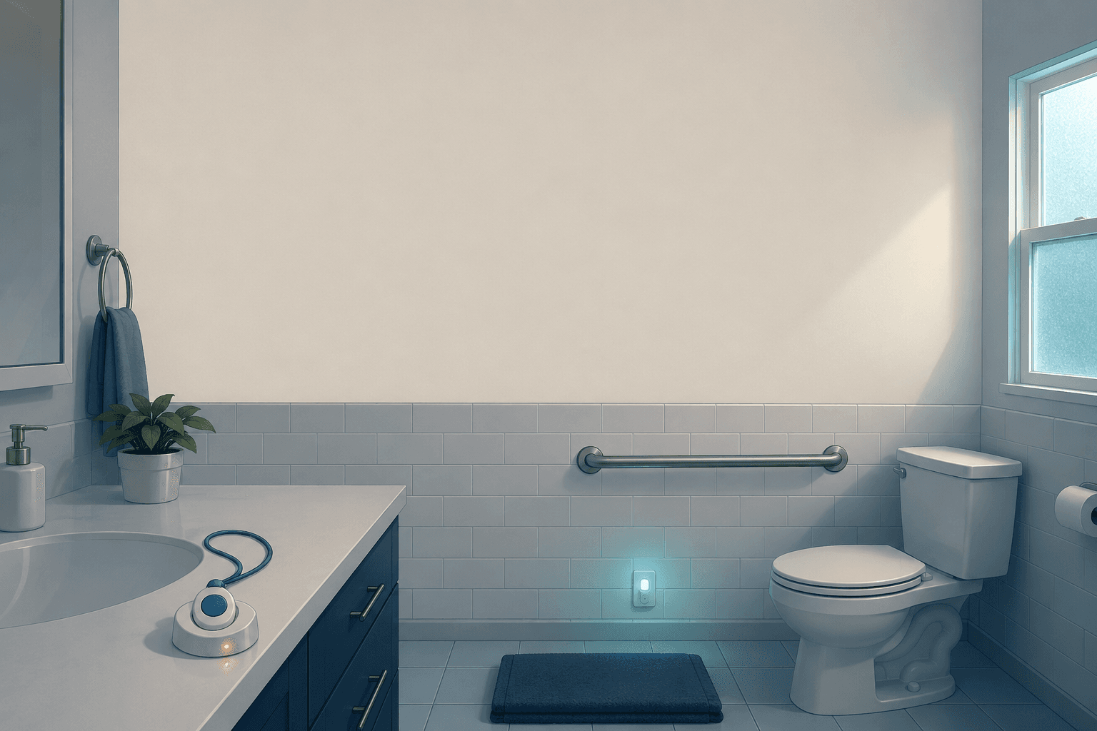 An empty senior-living bathroom at night with a medical alert pendant left on the charging cradle on the vanity