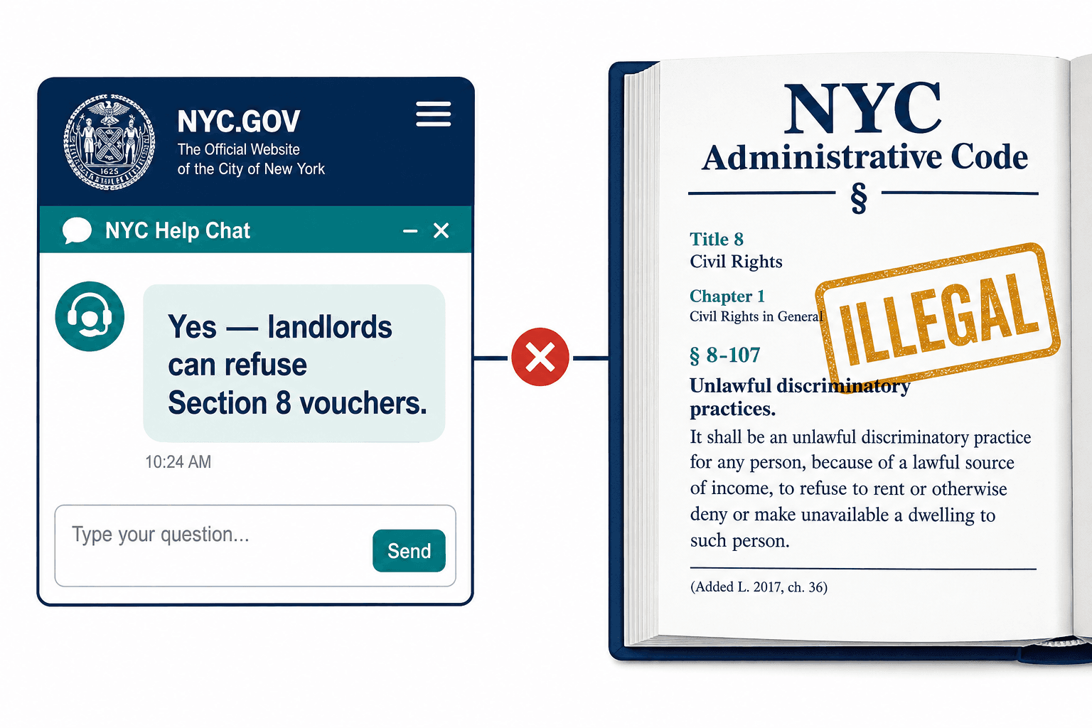 Government chatbot answer beside the NYC statute it contradicts, stamped illegal