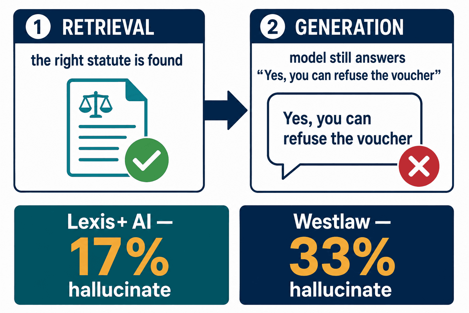 Retrieval succeeds but generation fails; Lexis+ AI 17% and Westlaw 33% hallucination