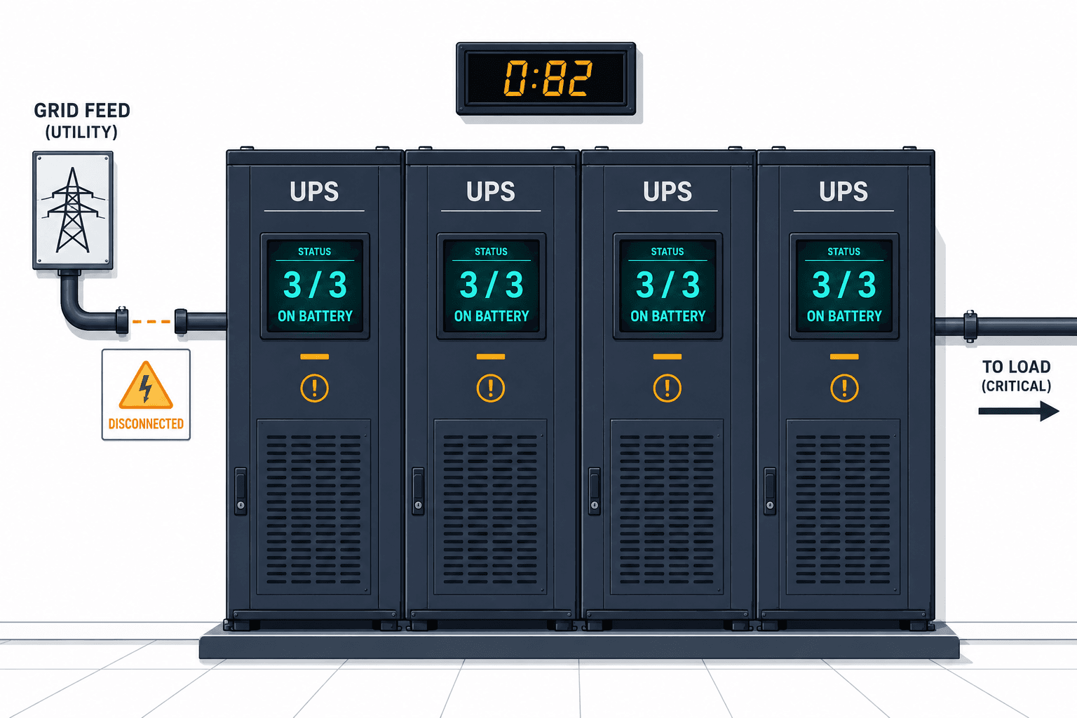 Row of identical data center UPS cabinets all tripping to backup at once during the byte blackout