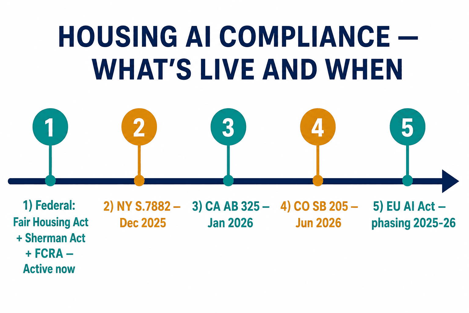 Timeline of housing AI laws: federal FHA/Sherman/FCRA active now, then NY, CA, CO, and the EU AI Act coming online 2025-2026.