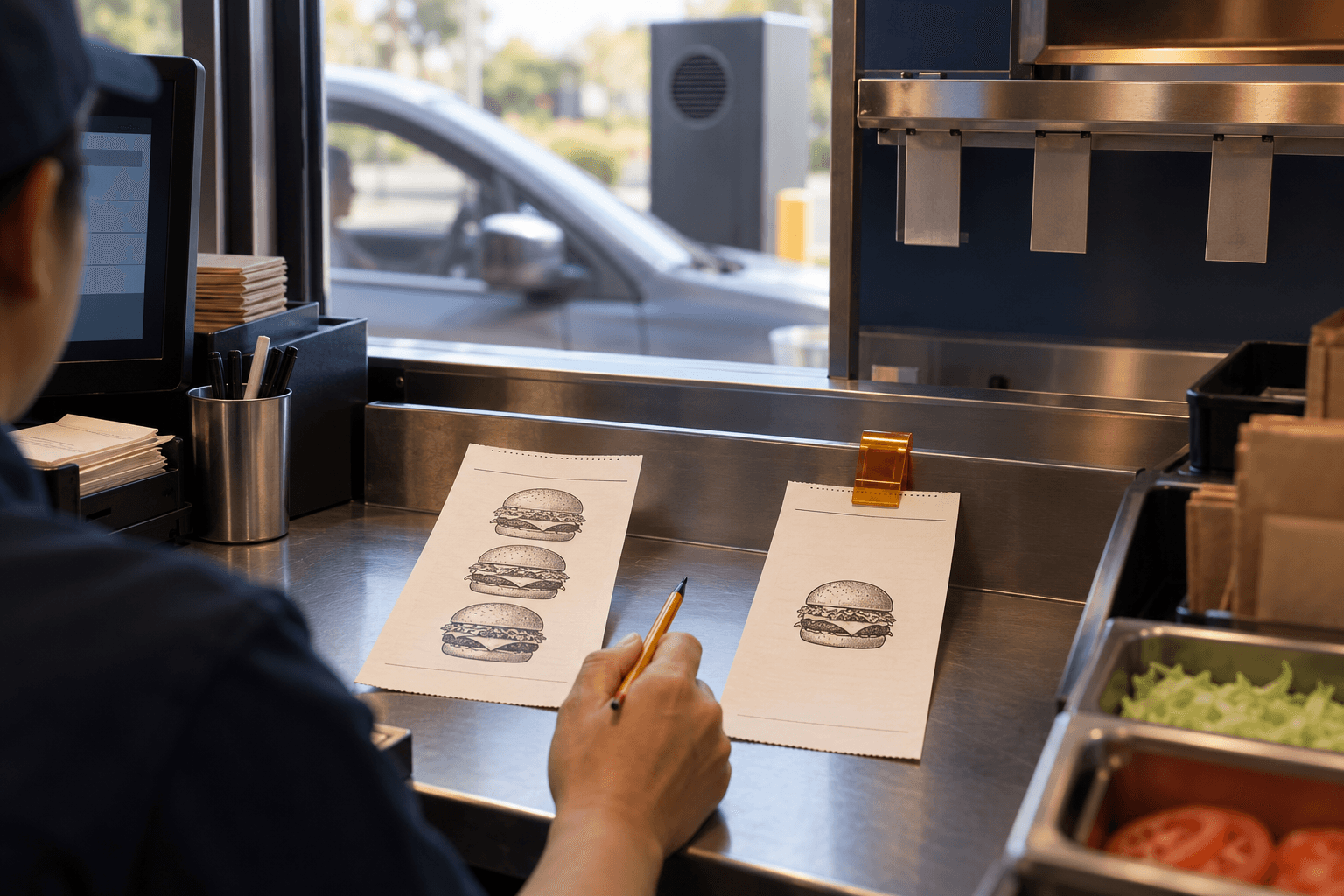 Conceptual drive-thru worker comparing order slips showing three burgers and one burger before confirmation.