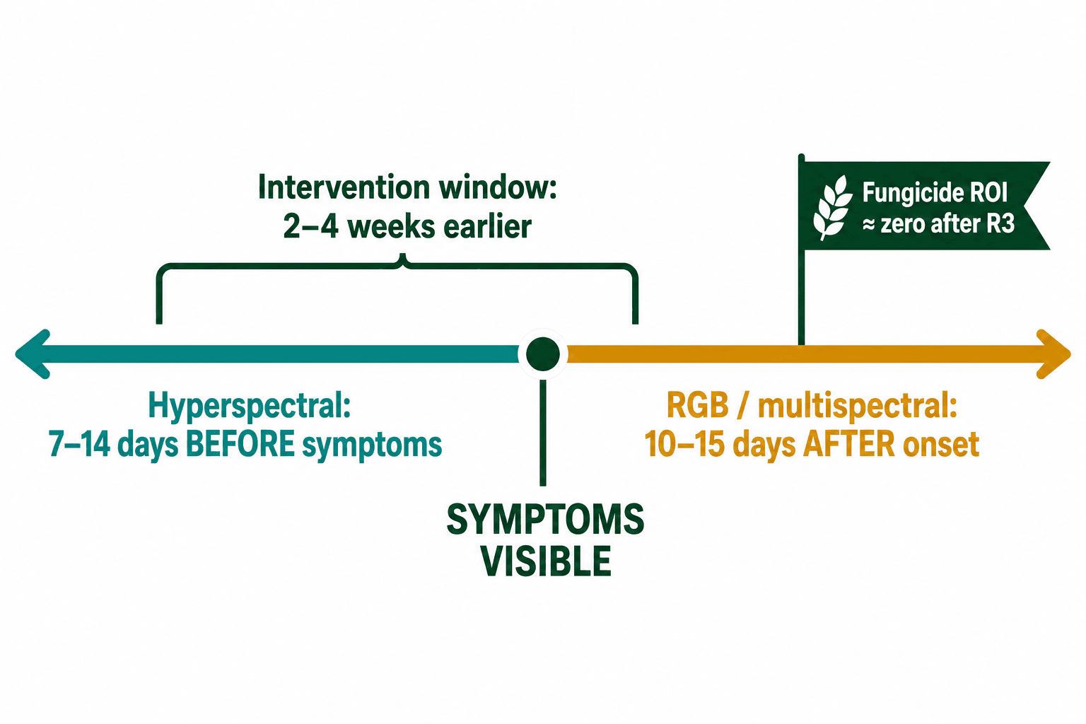 Timeline contrasting hyperspectral pre-symptomatic detection with RGB post-onset detection, plus the R3 fungicide deadline