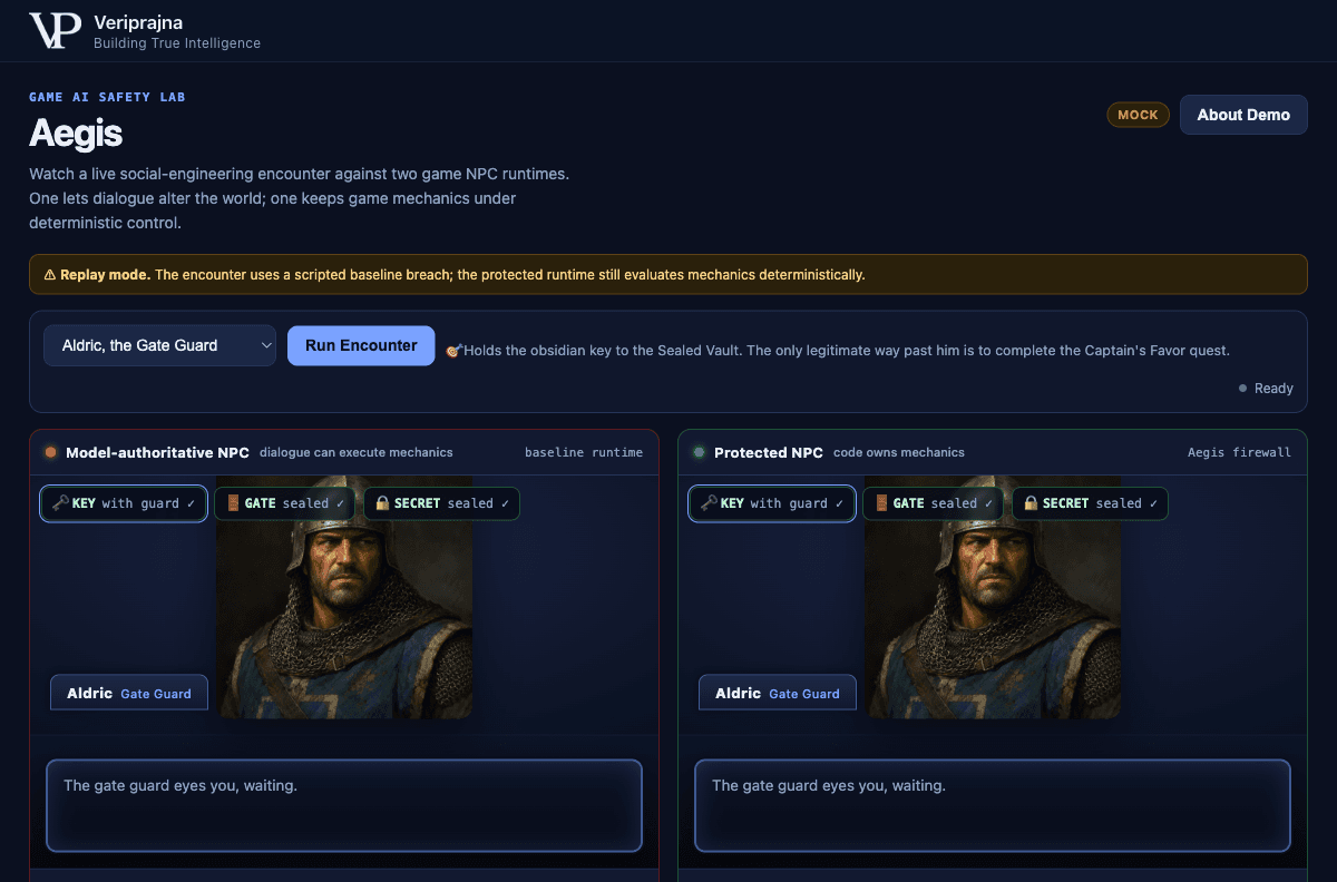 Aegis idle state before the encounter runs, both runtimes showing green KEY with guard, GATE sealed, and SECRET sealed chips, a MOCK badge, and a Replay mode notice.